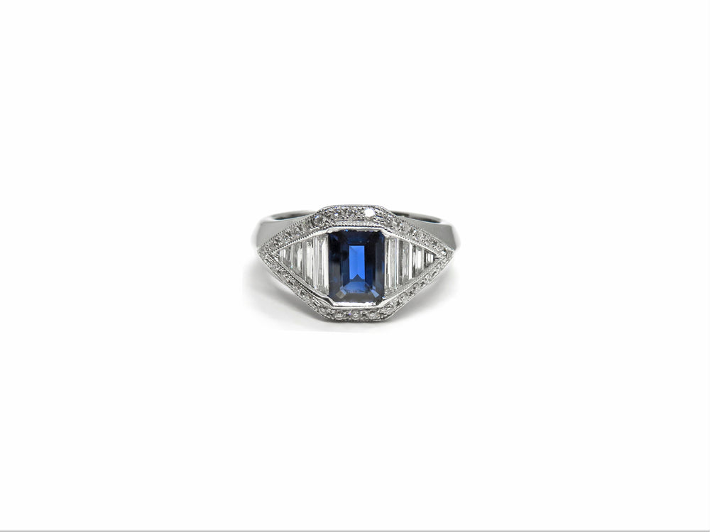 18K White Gold Emerald-Cut Blue Sapphire & Diamond Ring