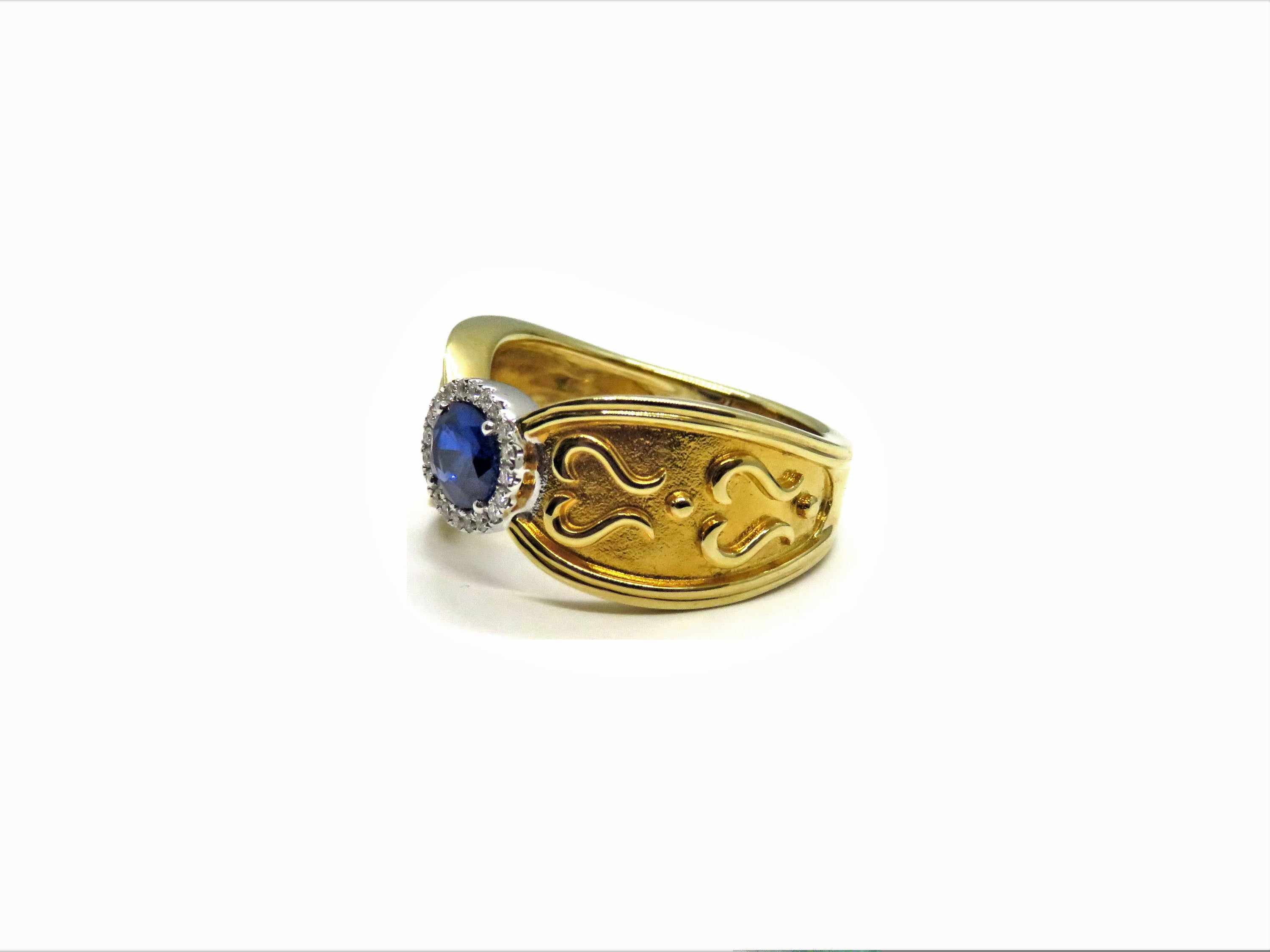 18K Two-Tone Oval Blue Sapphire & Diamond Halo Ring