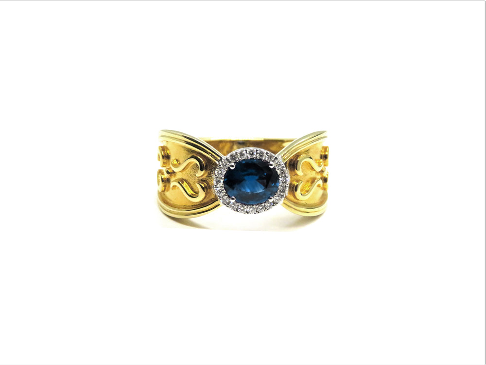 18K Two-Tone Oval Blue Sapphire & Diamond Halo Ring