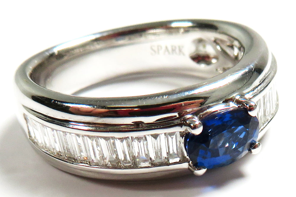 SPARK Oval Blue Sapphire & Baguette Diamond Ring in 18K White Gold