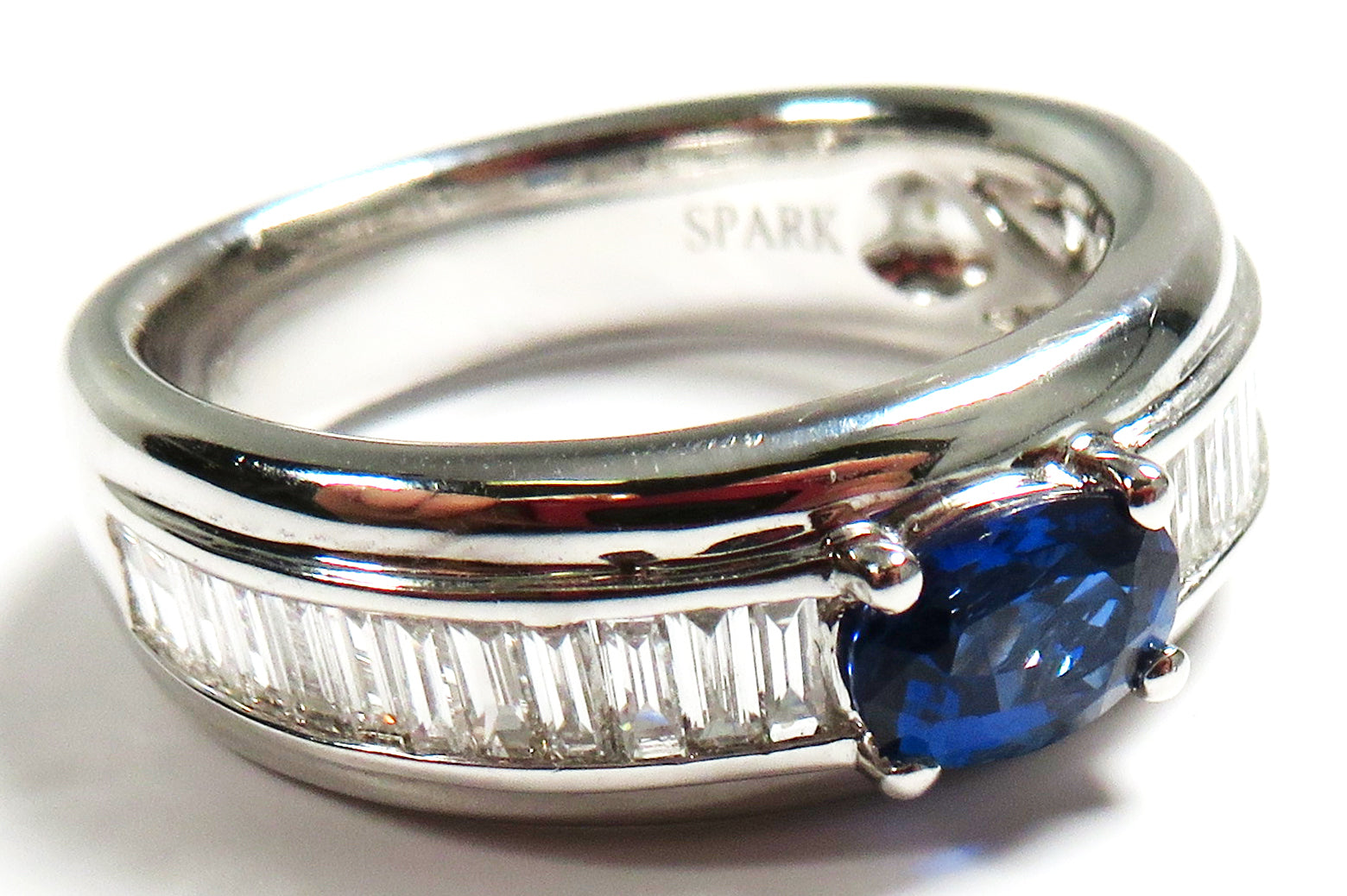 SPARK Oval Blue Sapphire & Baguette Diamond Ring in 18K White Gold