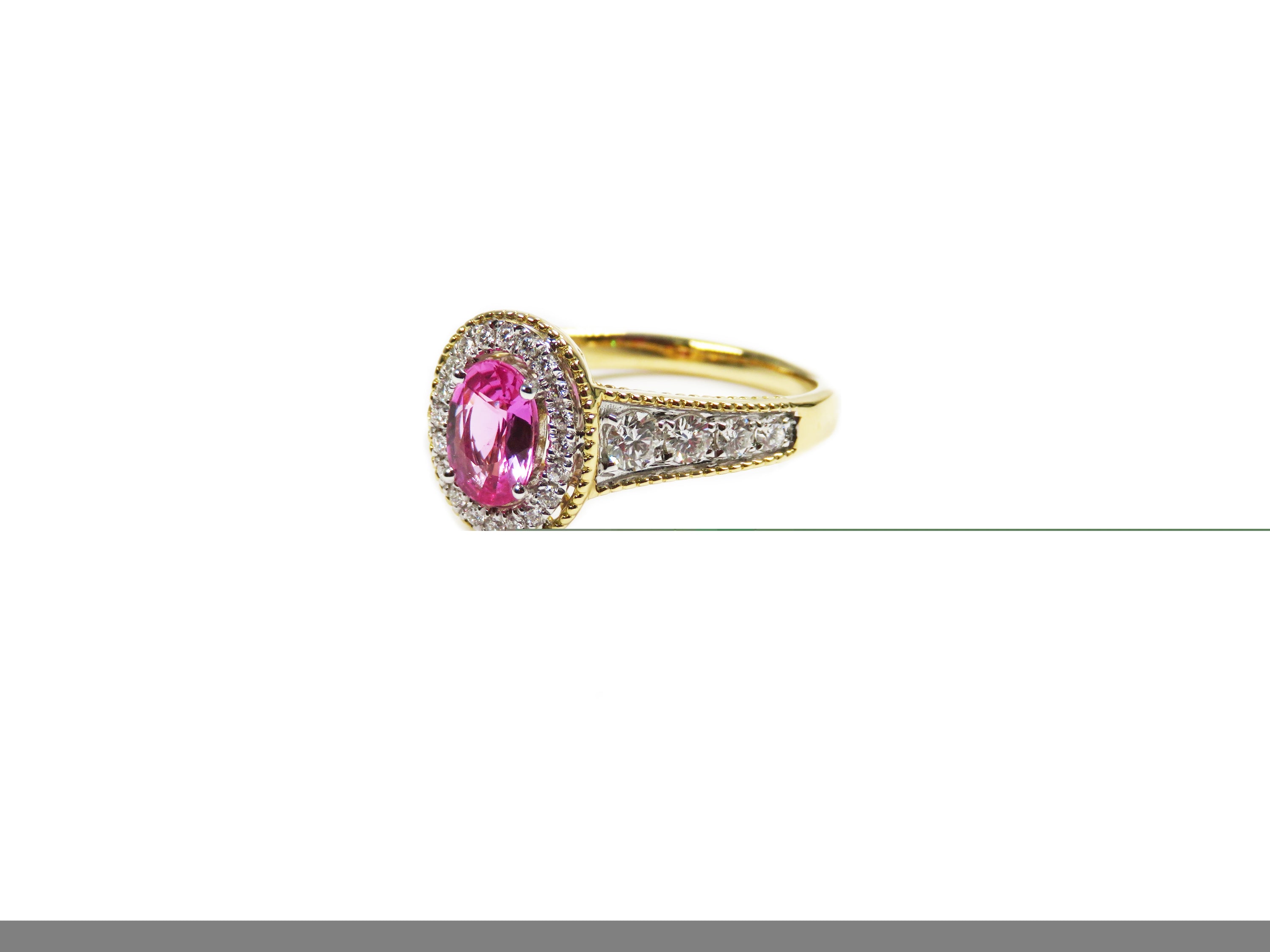 Pink Sapphire & Diamond Halo Ring in 18K Two-Tone Gold