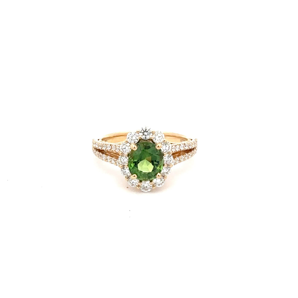 18K Yellow Gold Oval Tsavorite & Diamond Halo Ring