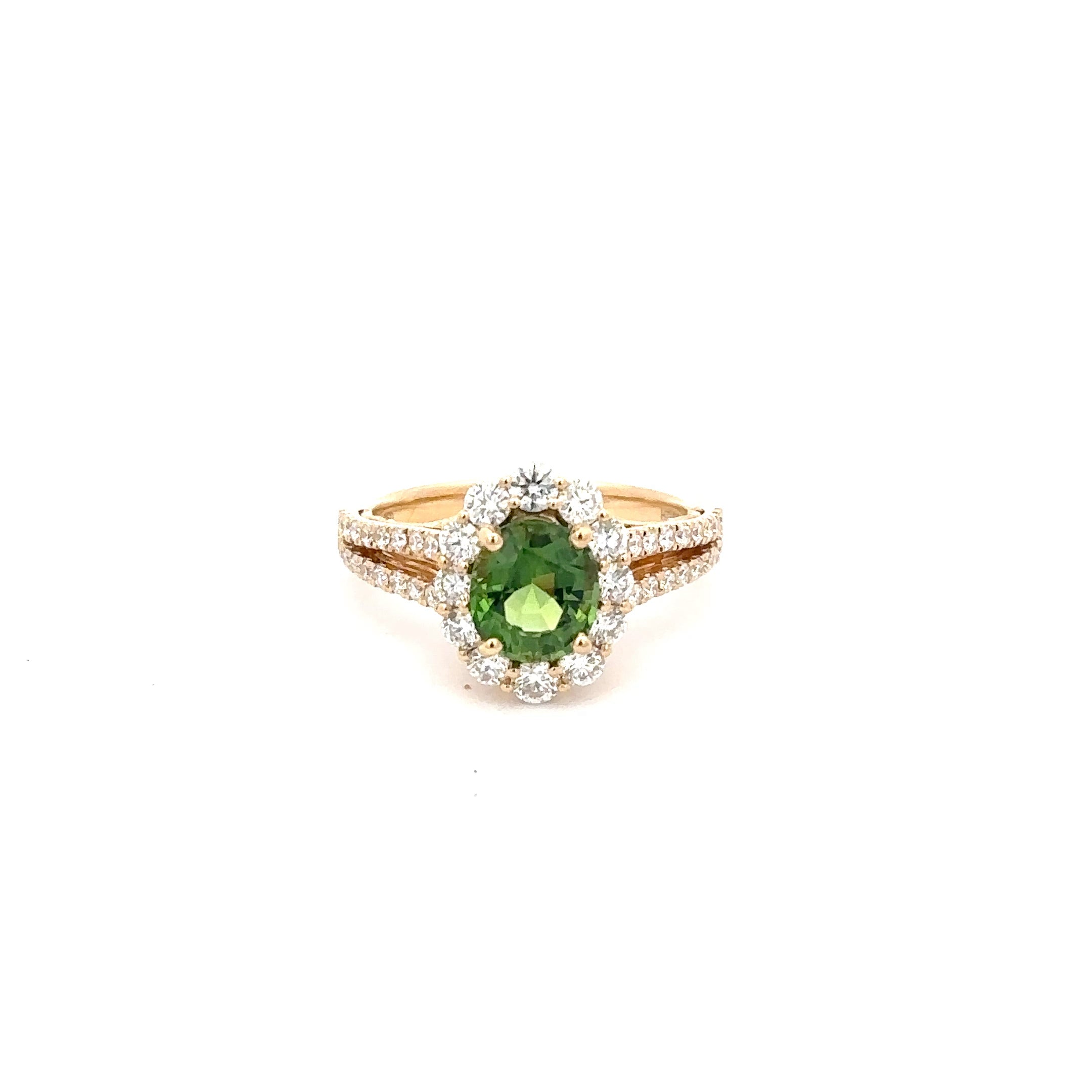 18K Yellow Gold Oval Tsavorite & Diamond Halo Ring