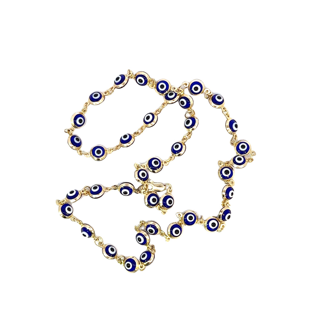 14K Yellow Gold Blue Evil Eye Station Necklace