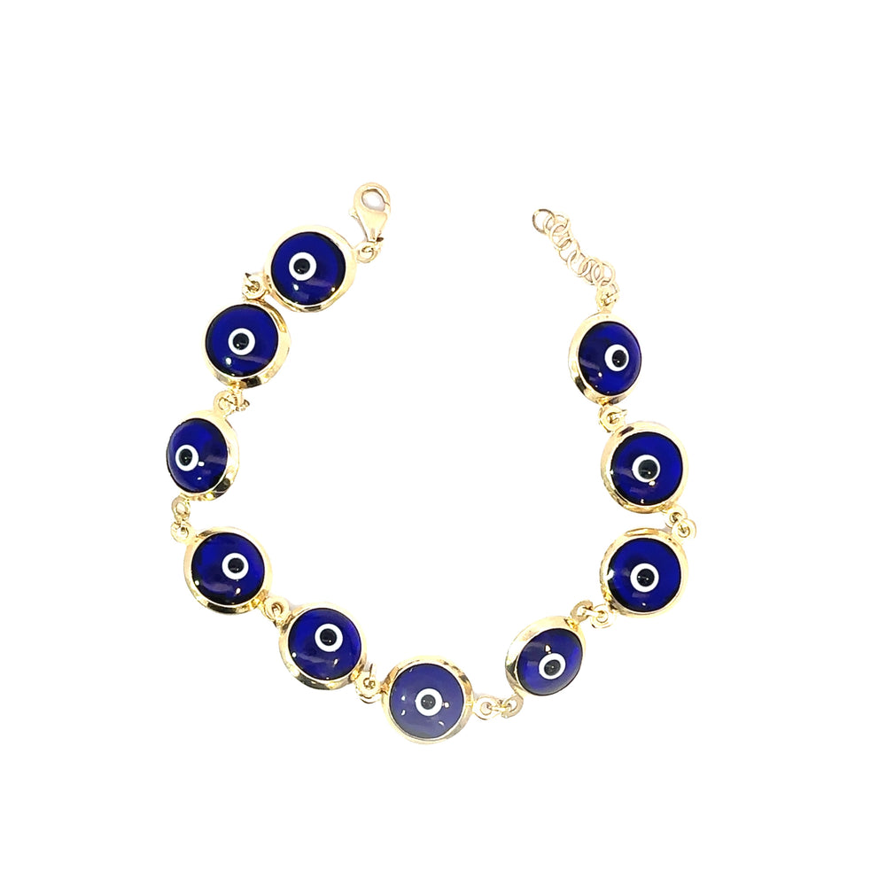 14K Yellow Gold Blue Evil Eye Bracelet 8 Inch