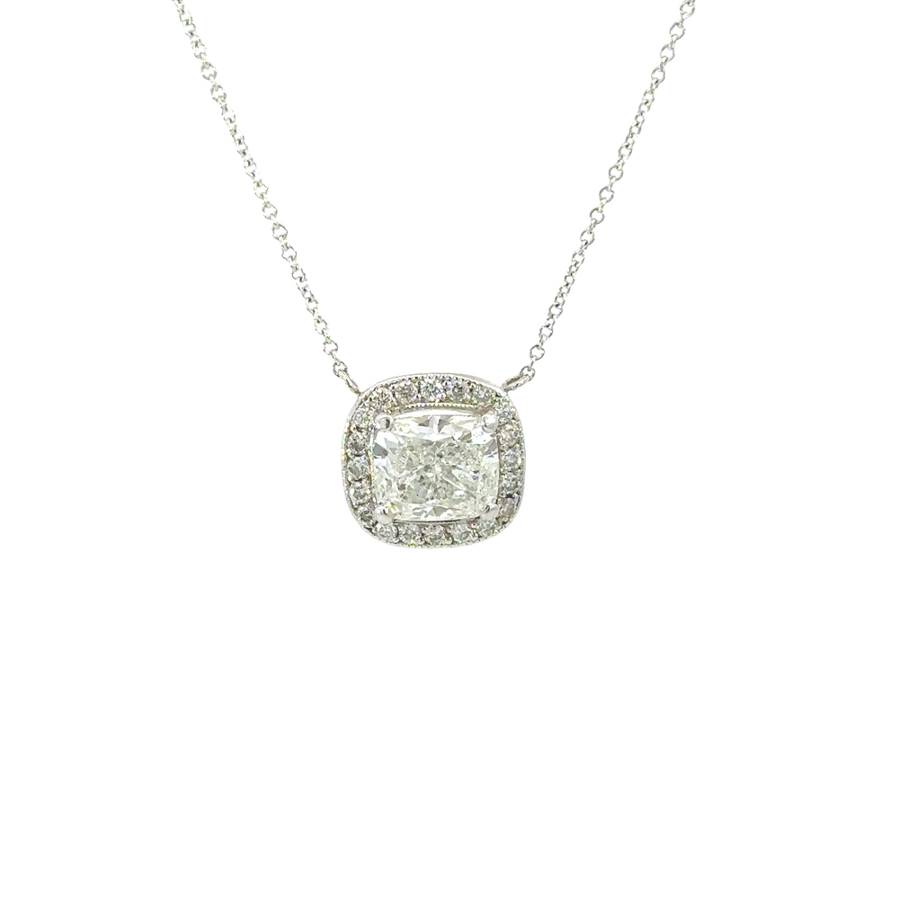 14K White Gold Cushion Cut Diamond Halo Pendant Necklace GIA Certified 2.22 Carat