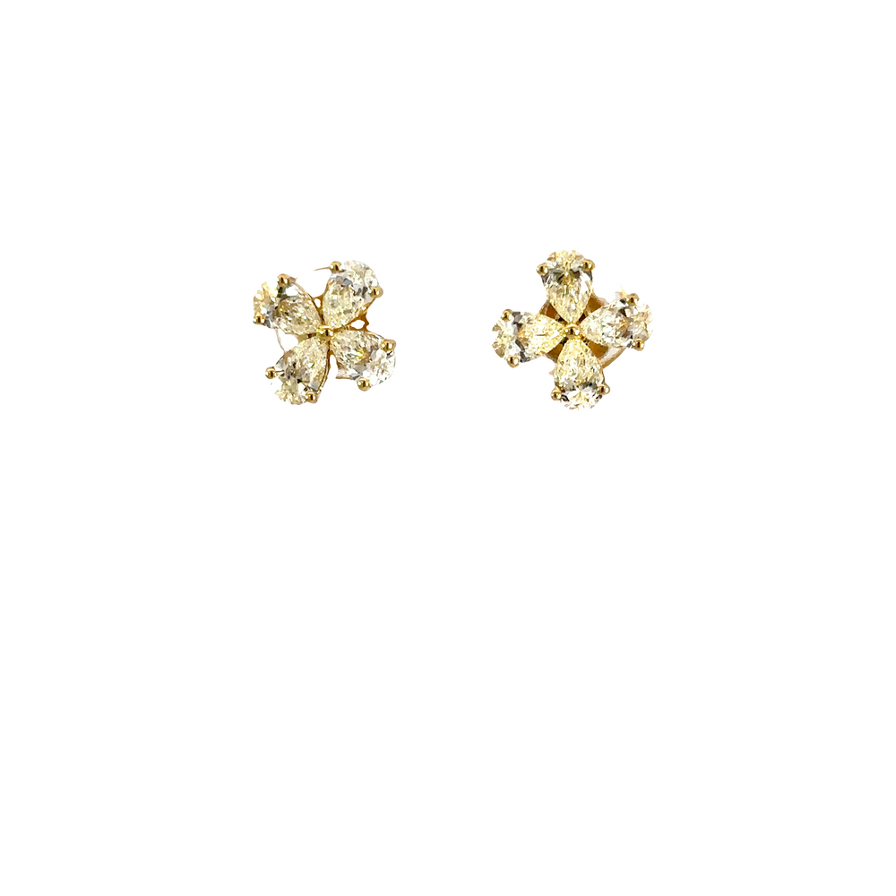 18K Yellow Gold Pear Shape Diamond Flower Earrings 1.90 Carat Total