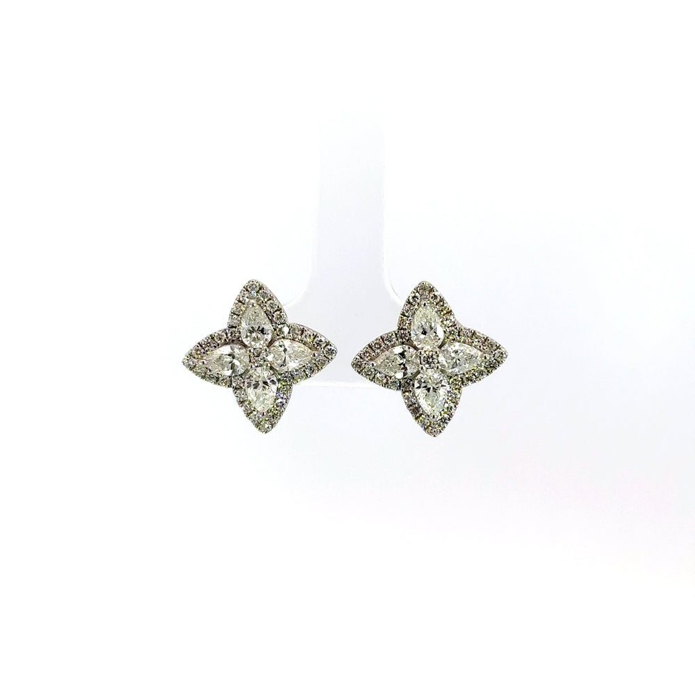 18K White Gold Pear Shape Diamond Flower Stud Earrings 2.15 Carat Total