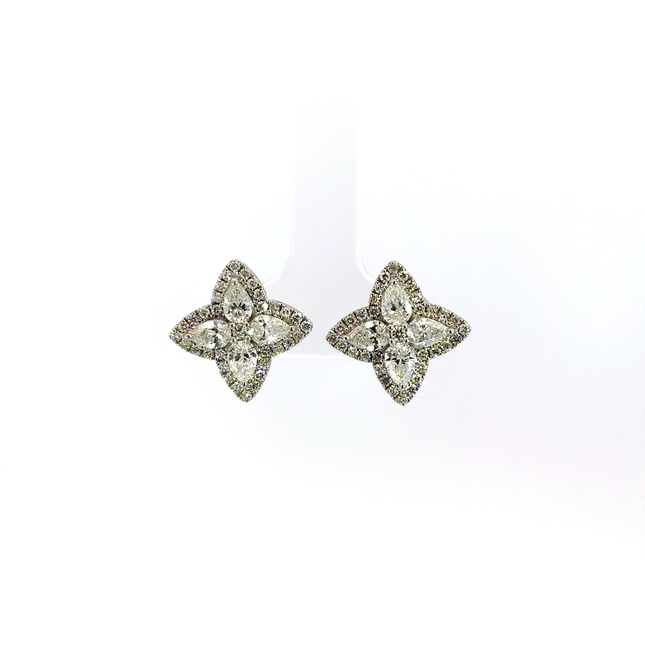 18K White Gold Pear Shape Diamond Flower Stud Earrings 2.15 Carat Total