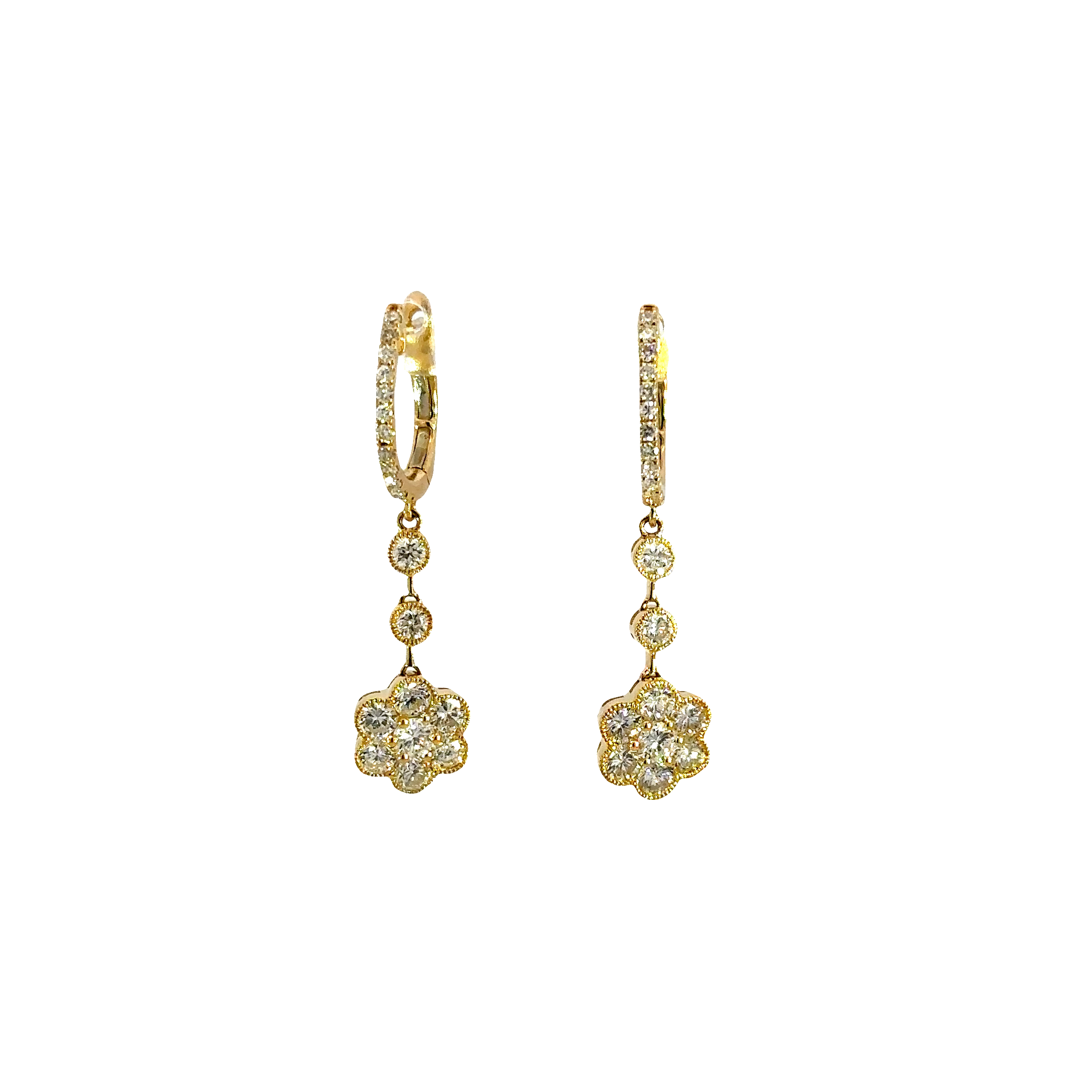 18K Yellow Gold Diamond Flower Dangle Earrings 1.73 Carat Total