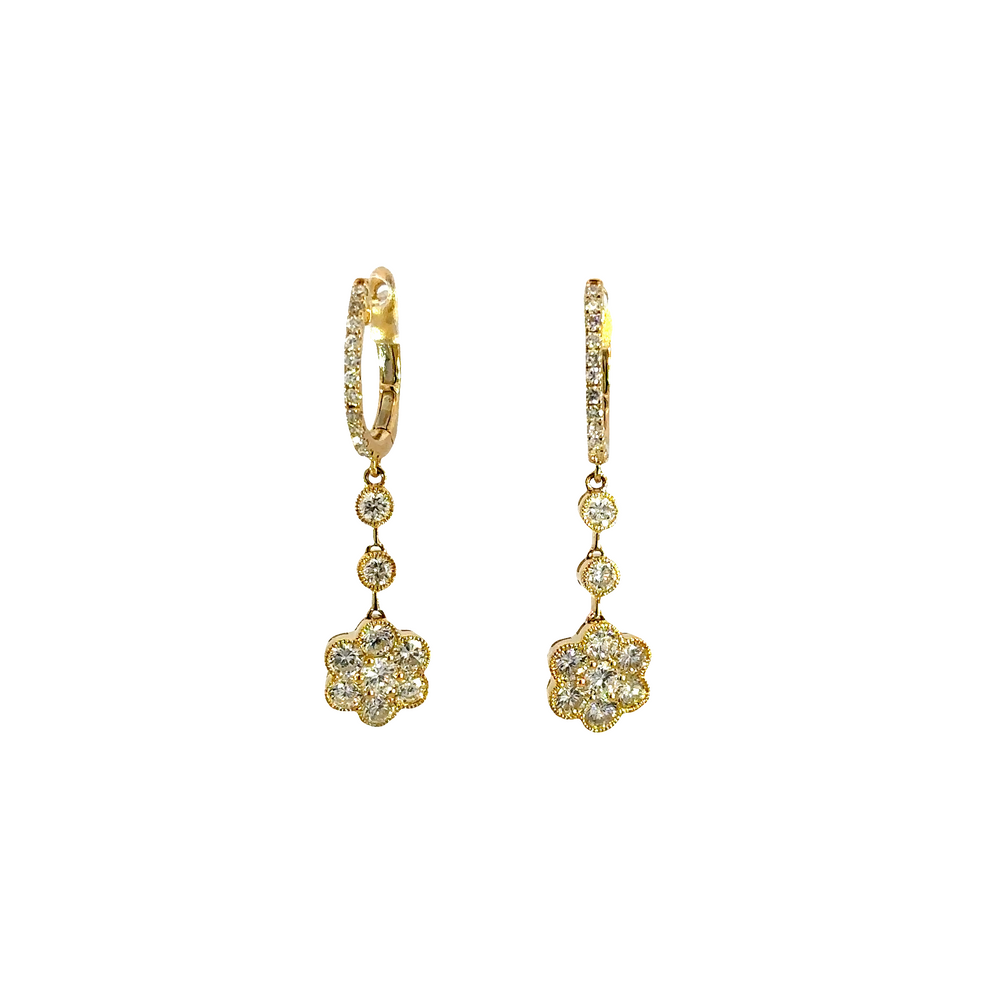 18K Yellow Gold Diamond Flower Dangle Earrings 1.73 Carat Total