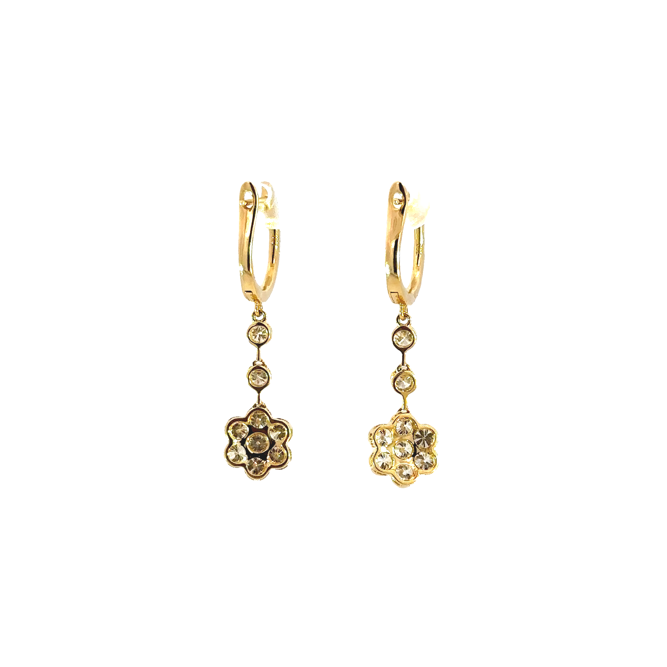 18K Yellow Gold Diamond Flower Dangle Earrings 1.73 Carat Total