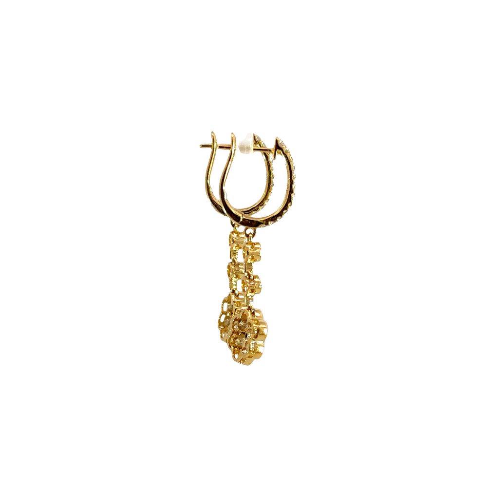18K Yellow Gold Diamond Flower Dangle Earrings 1.73 Carat Total