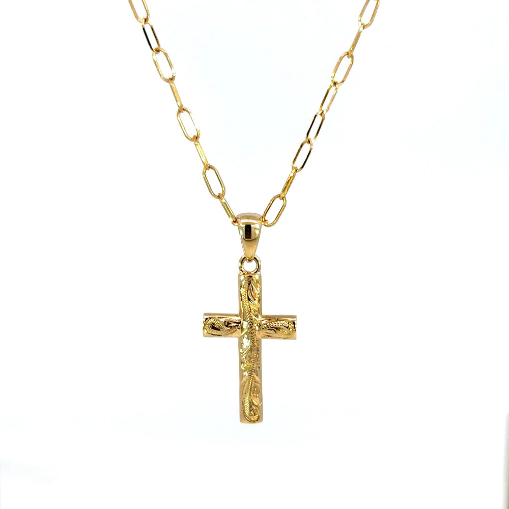 14K Yellow Gold Scroll Cross Pendant Necklace with Oval Link Chain