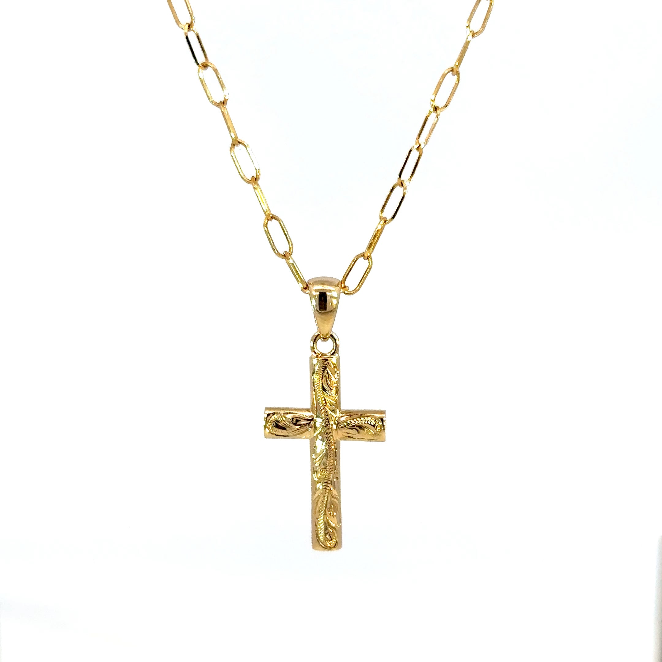 14K Yellow Gold Scroll Cross Pendant Necklace with Oval Link Chain