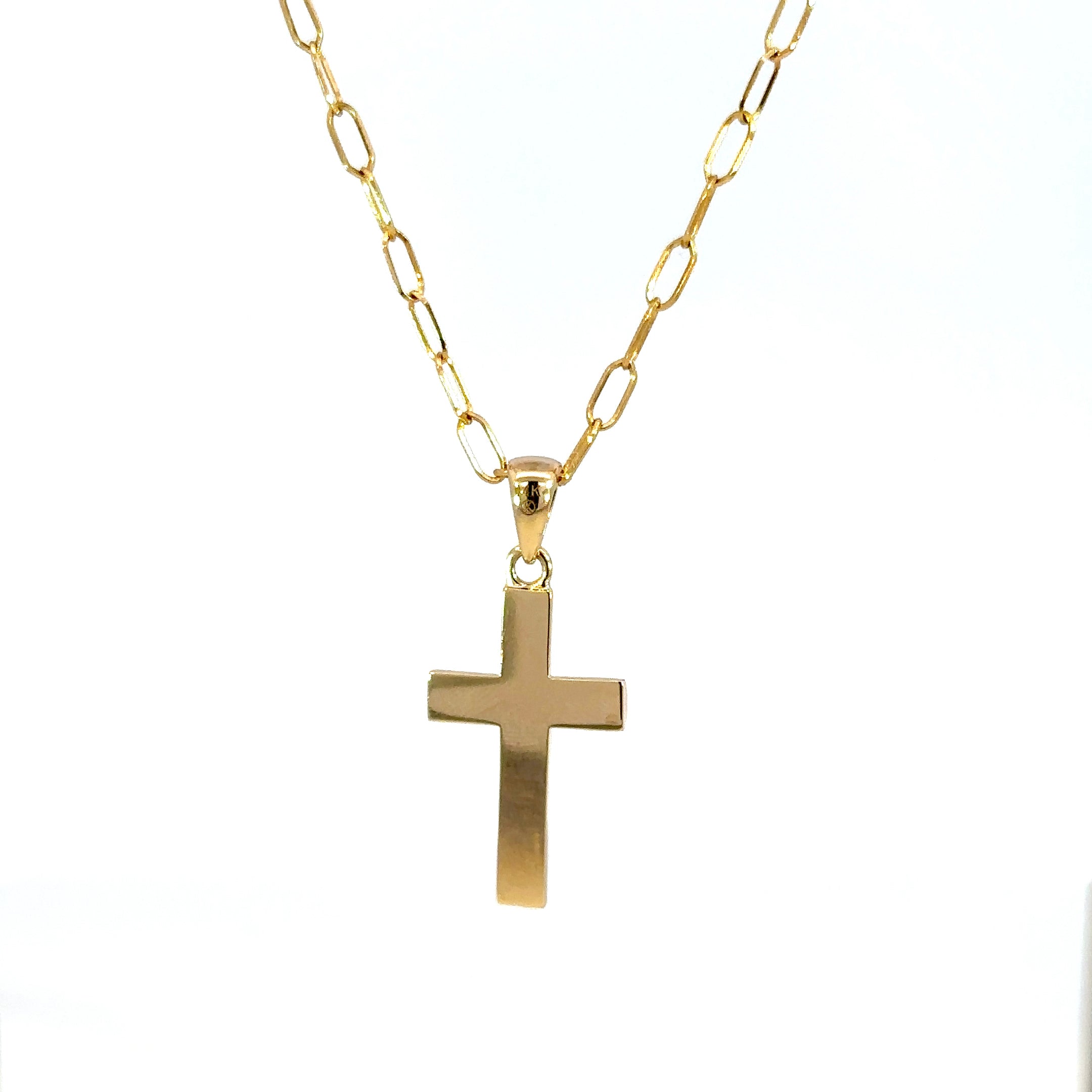 14K Yellow Gold Scroll Cross Pendant Necklace with Oval Link Chain