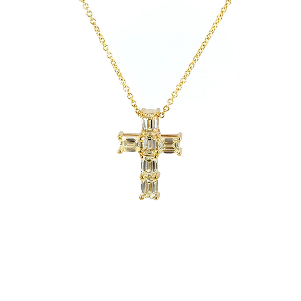 18K Yellow Gold Emerald Cut Diamond Cross Pendant Necklace