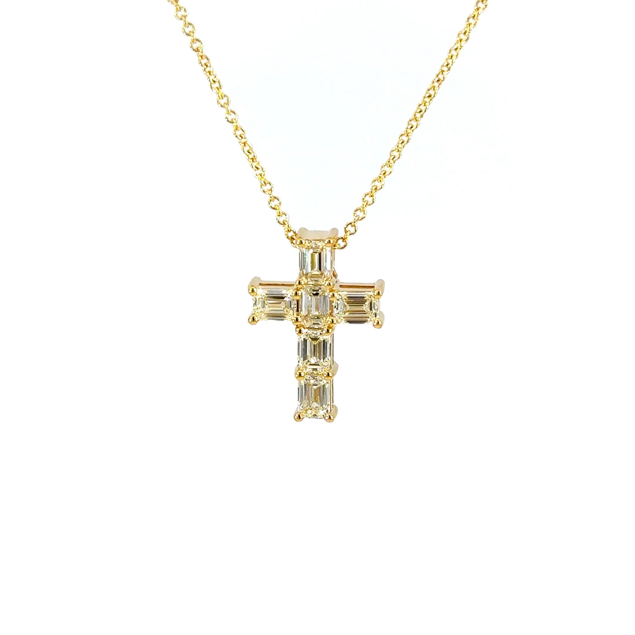 18K Yellow Gold Emerald Cut Diamond Cross Pendant Necklace