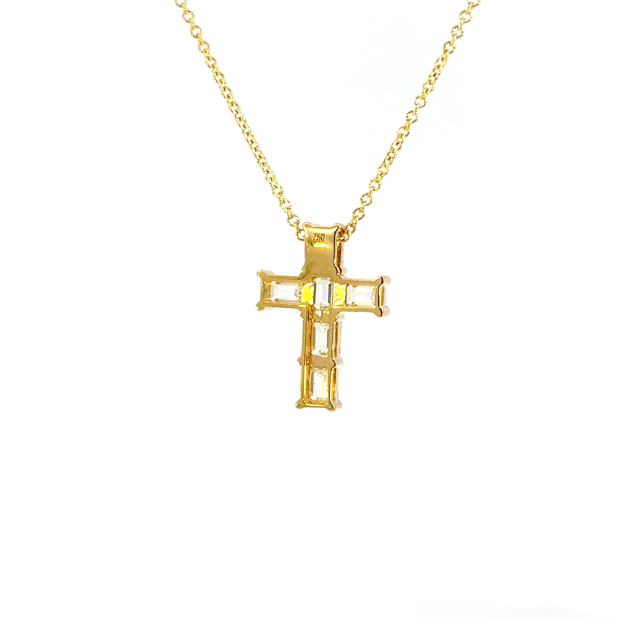 18K Yellow Gold Emerald Cut Diamond Cross Pendant Necklace