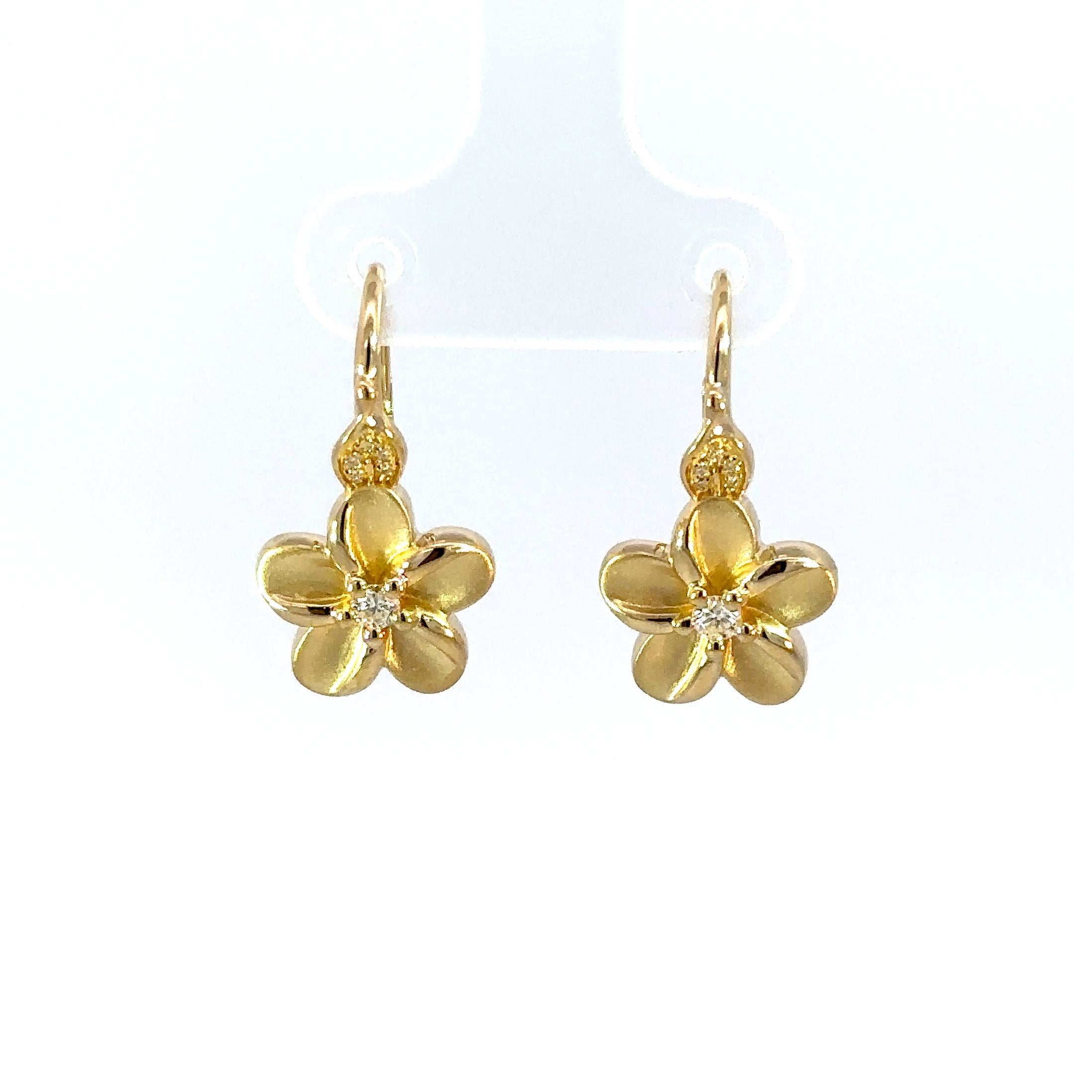 14K Yellow Gold Diamond Plumeria Flower Drop Earrings