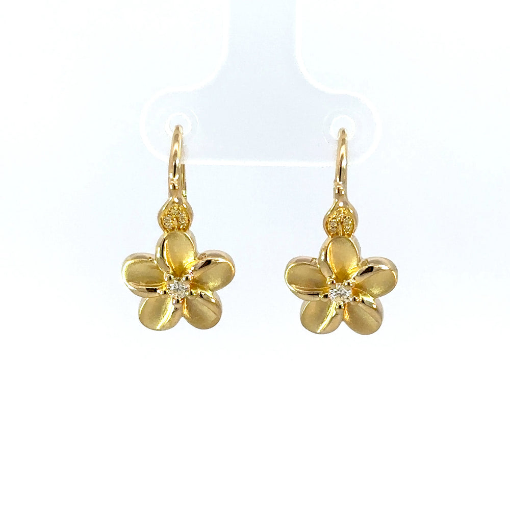 14K Yellow Gold Diamond Plumeria Flower Drop Earrings
