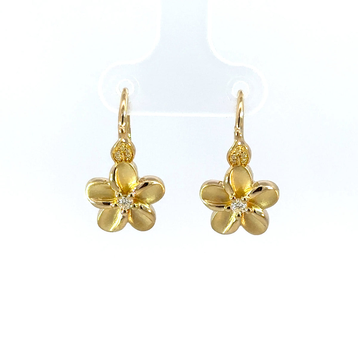 14K Yellow Gold Diamond Plumeria Flower Drop Earrings