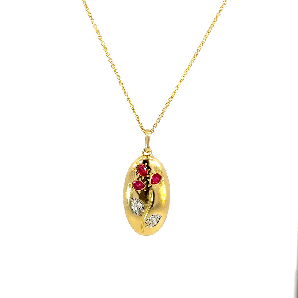 18K Gold Ruby Flower Necklace with Diamonds – Elegant Floral Pendant