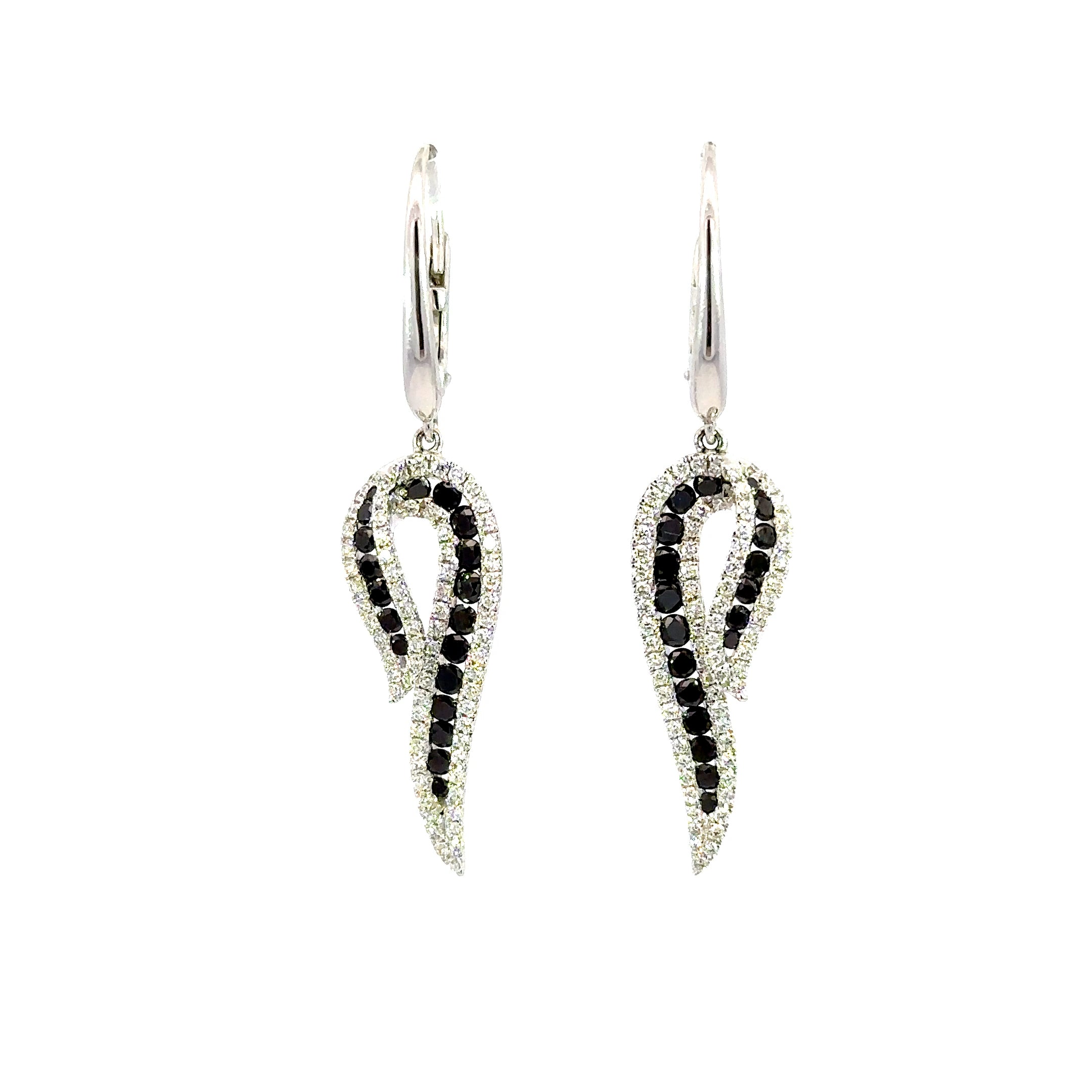 18K White Gold Black & White Diamond Wing Drop Earrings 1.63 Carat Total