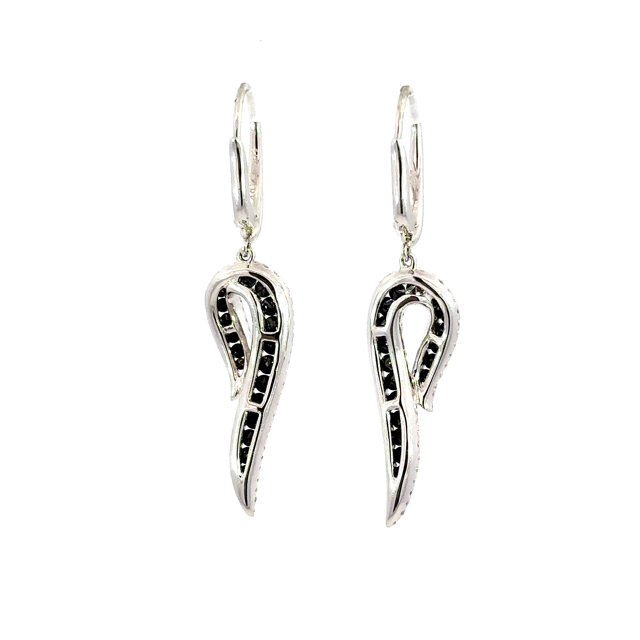 18K White Gold Black & White Diamond Wing Drop Earrings 1.63 Carat Total