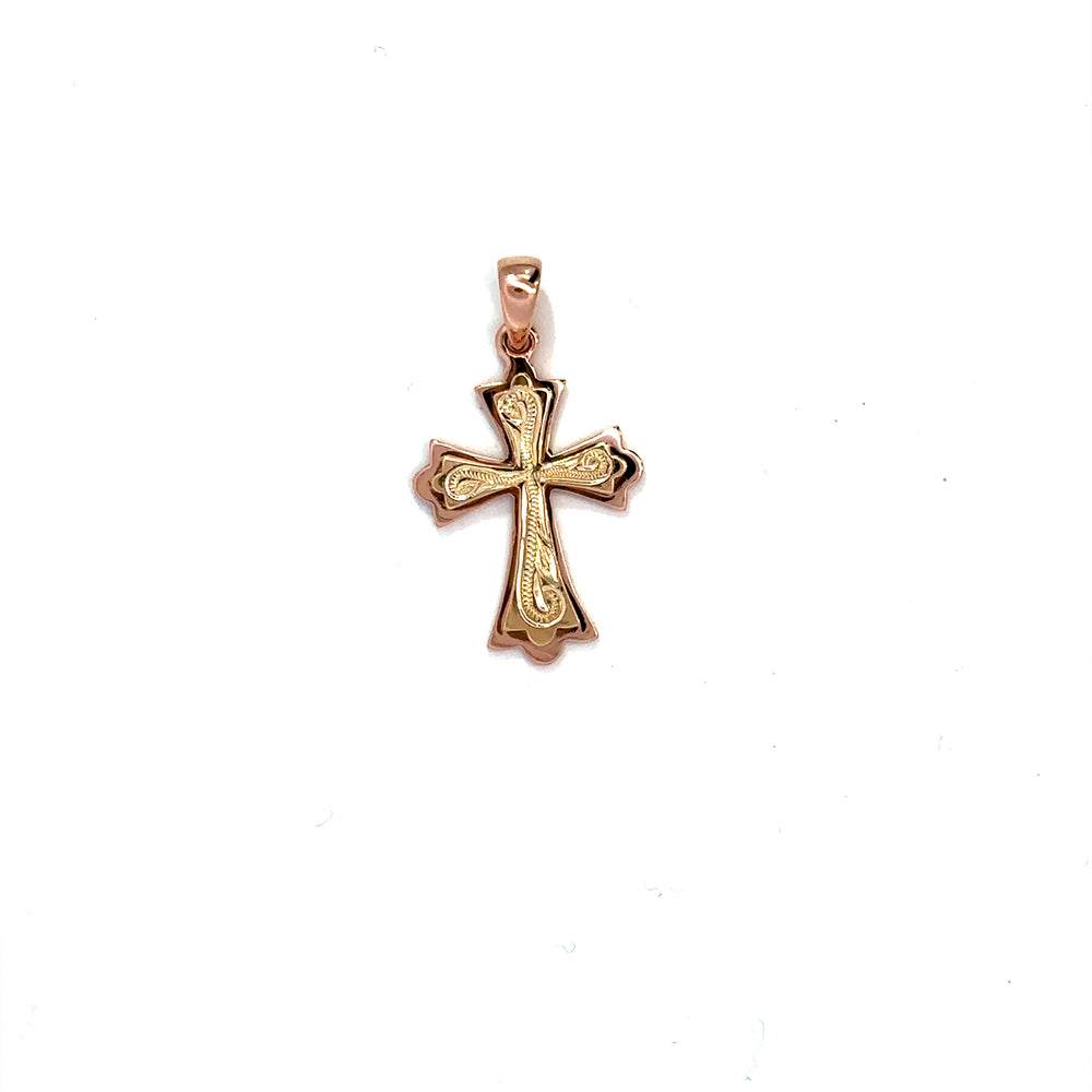 14K Rose & Yellow Gold Raised Scroll Cross Pendant
