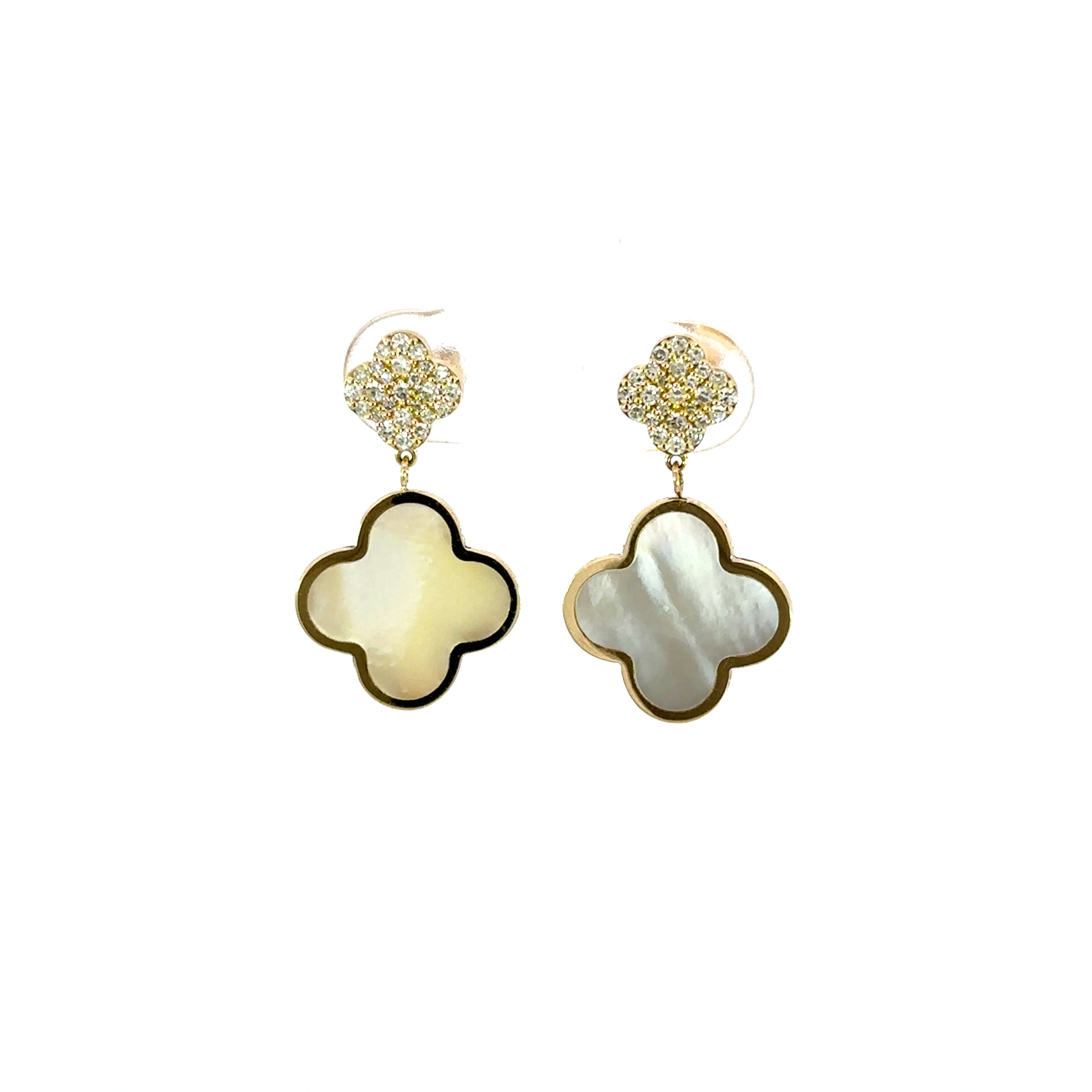 14K Yellow Gold Mother of Pearl Clover Dangle Earrings with Diamonds