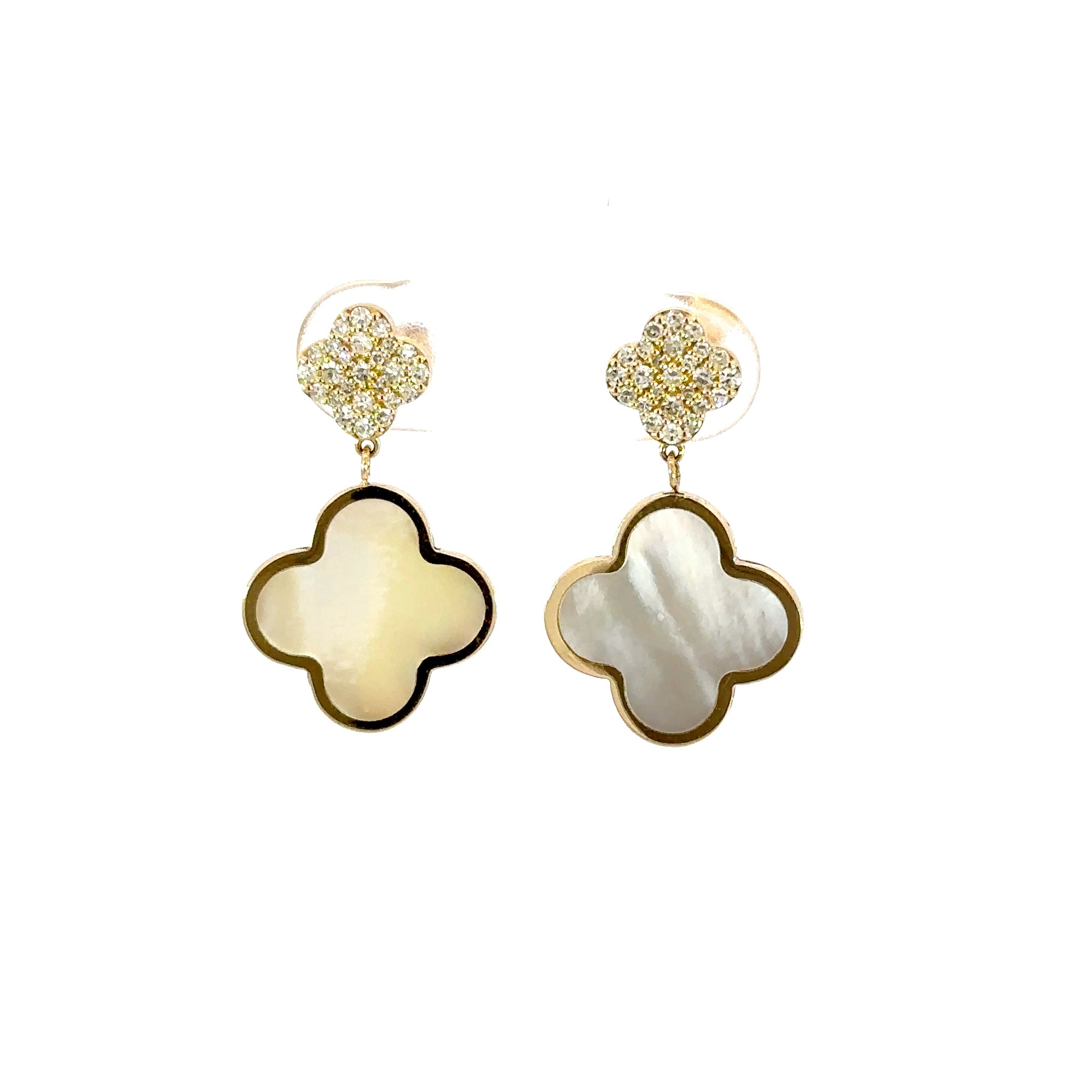 14K Yellow Gold Mother of Pearl Clover Dangle Earrings with Diamonds