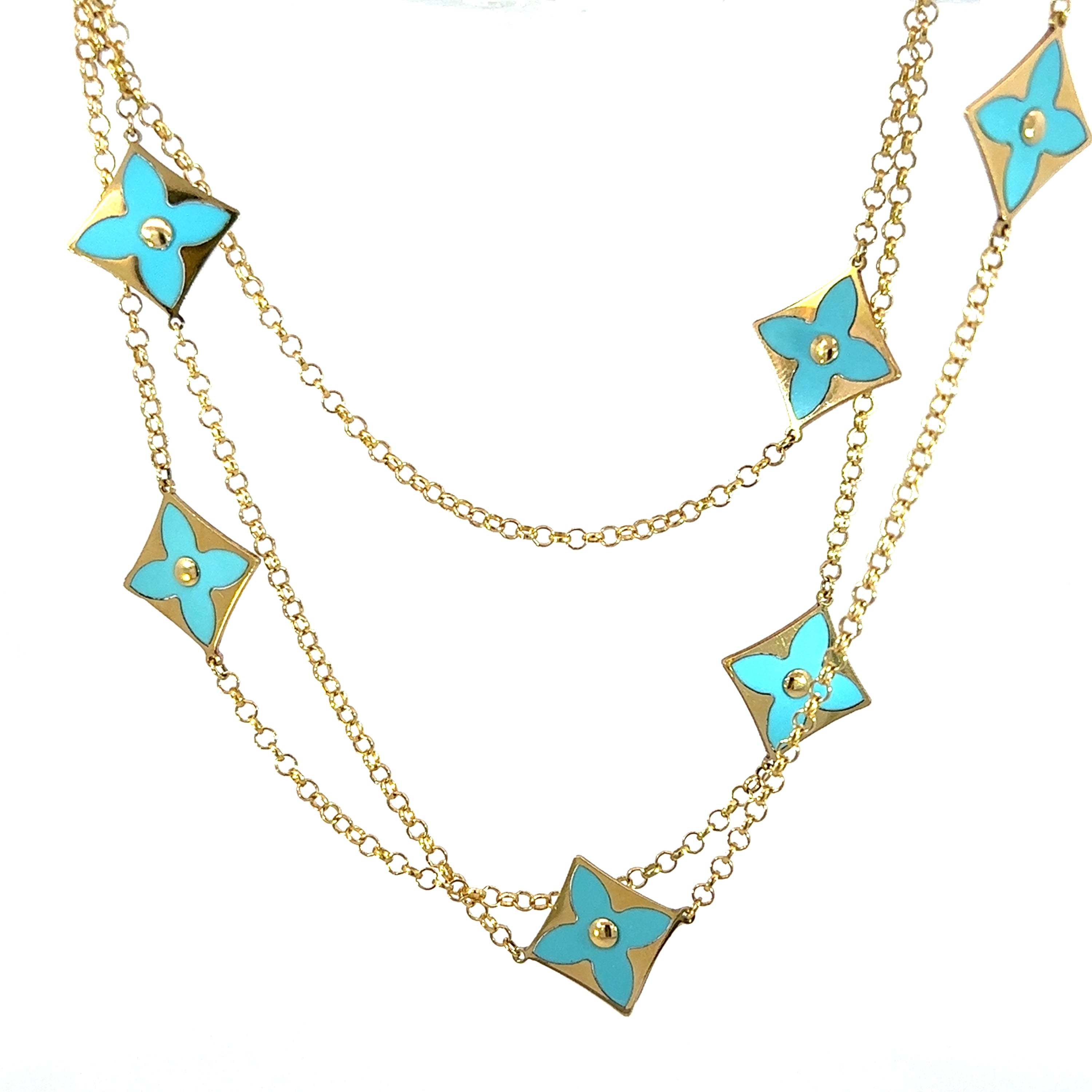 14K Yellow Gold Vintage Turquoise Flower Station Necklace 32 Inch