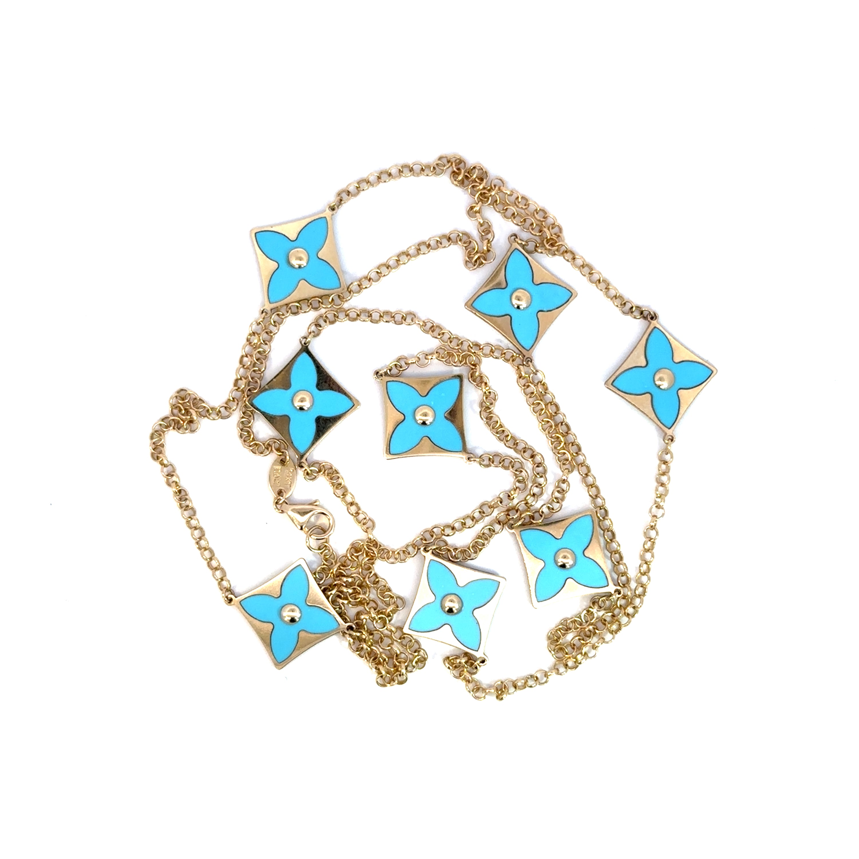 14K Yellow Gold Vintage Turquoise Flower Station Necklace 32 Inch