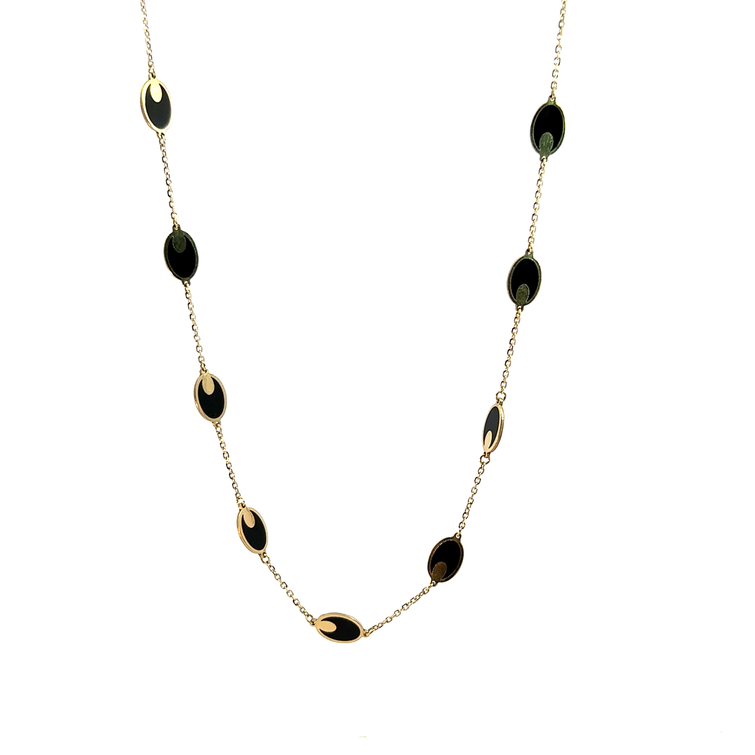 14K Yellow Gold Black Onyx Oval Station Necklace