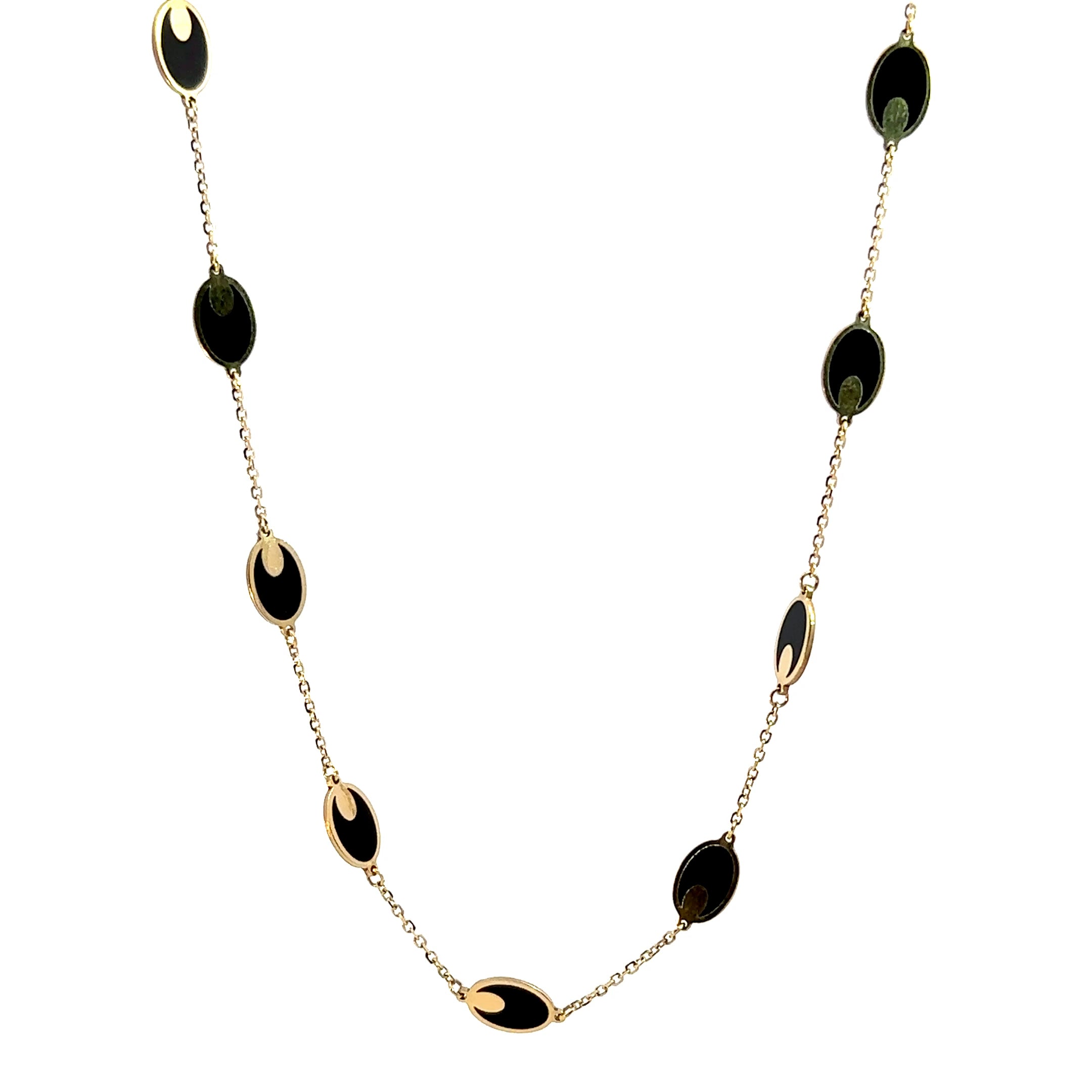 14K Yellow Gold Black Onyx Oval Station Necklace