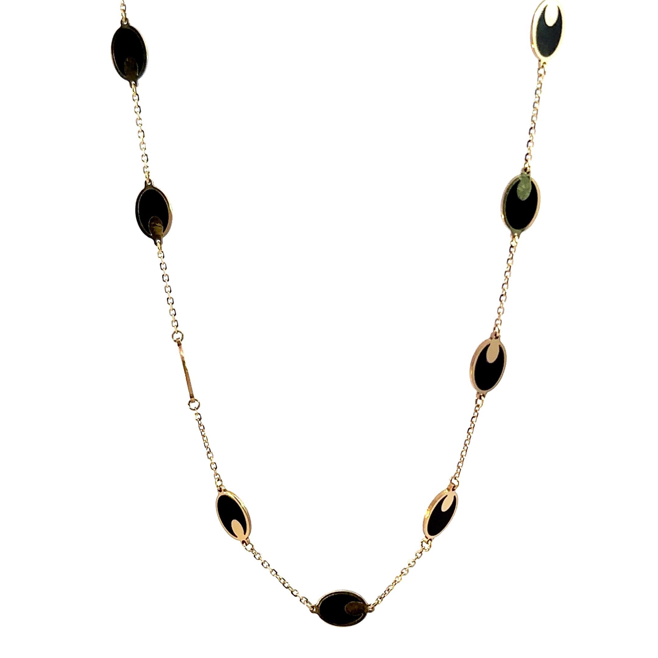 14K Yellow Gold Black Onyx Oval Station Necklace