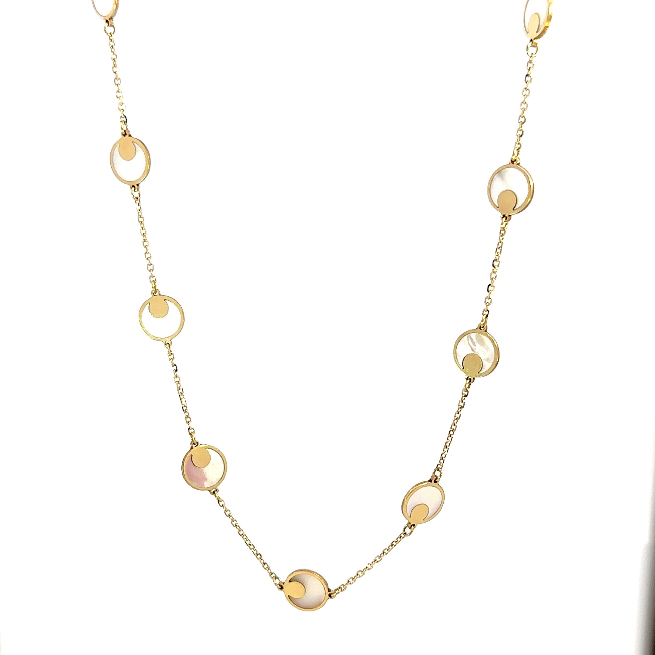 14K Yellow Gold Mother of Pearl Disc Station Necklace