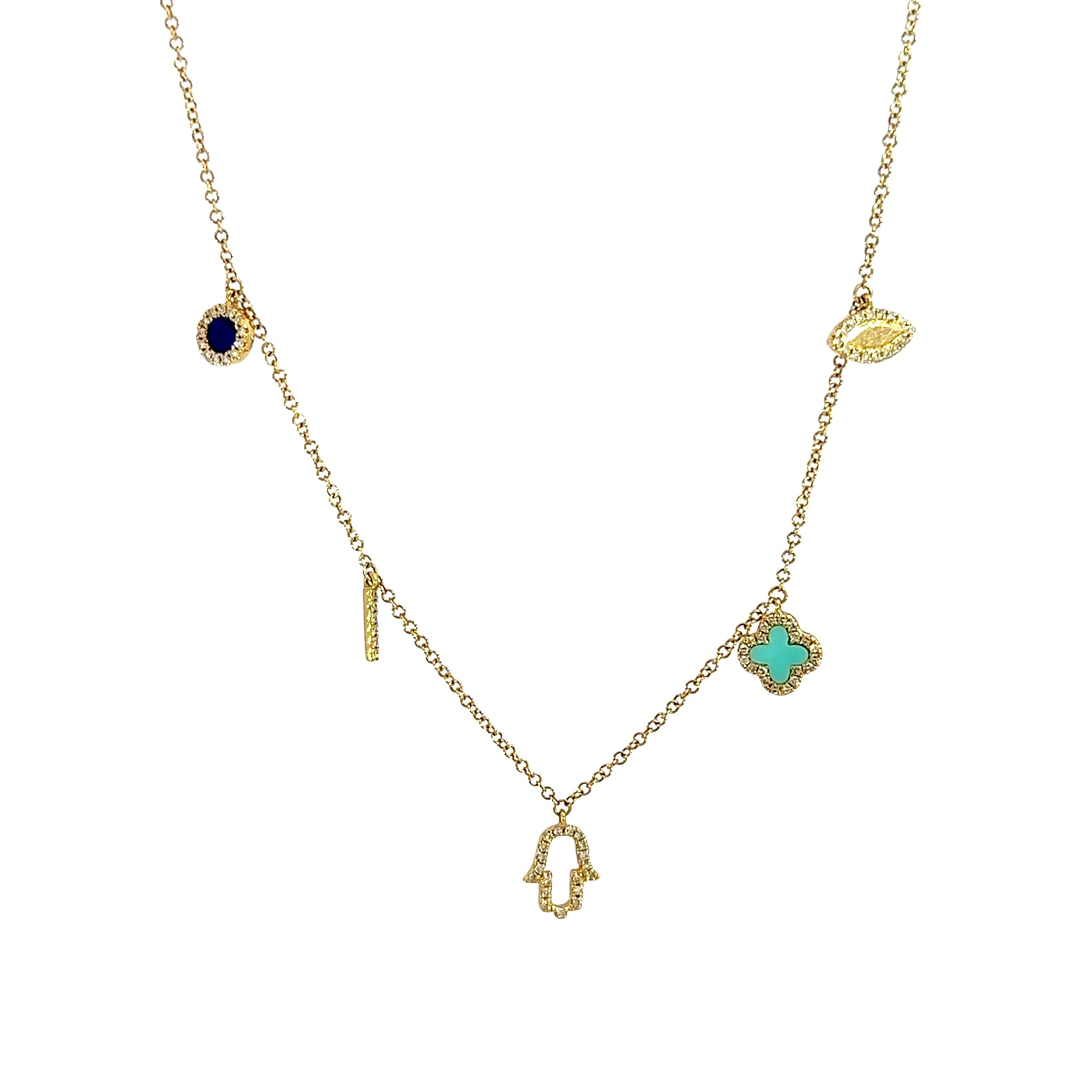 14K Yellow Gold Hamsa, Clover & Evil Eye Diamond Charm Necklace