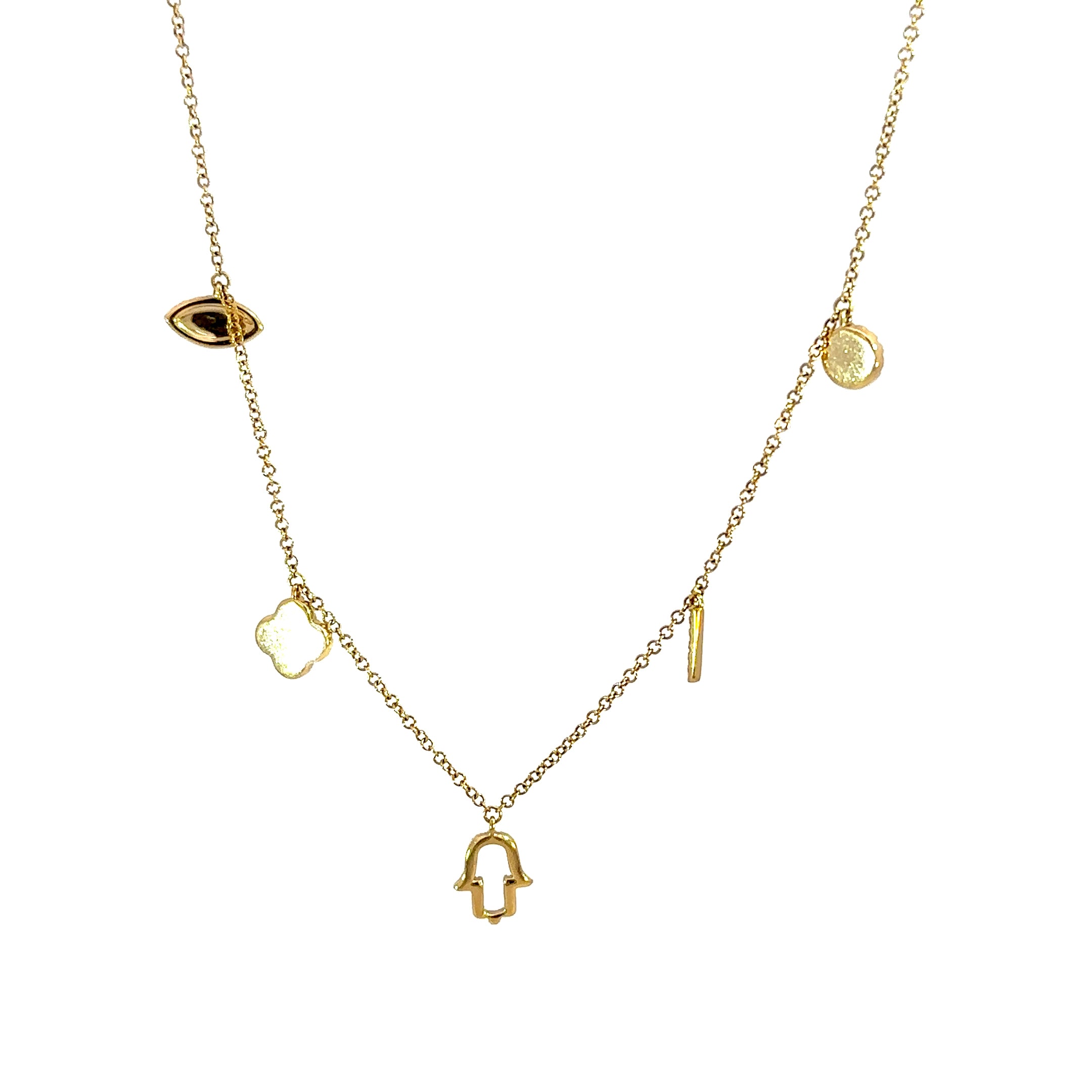 14K Yellow Gold Hamsa, Clover & Evil Eye Diamond Charm Necklace