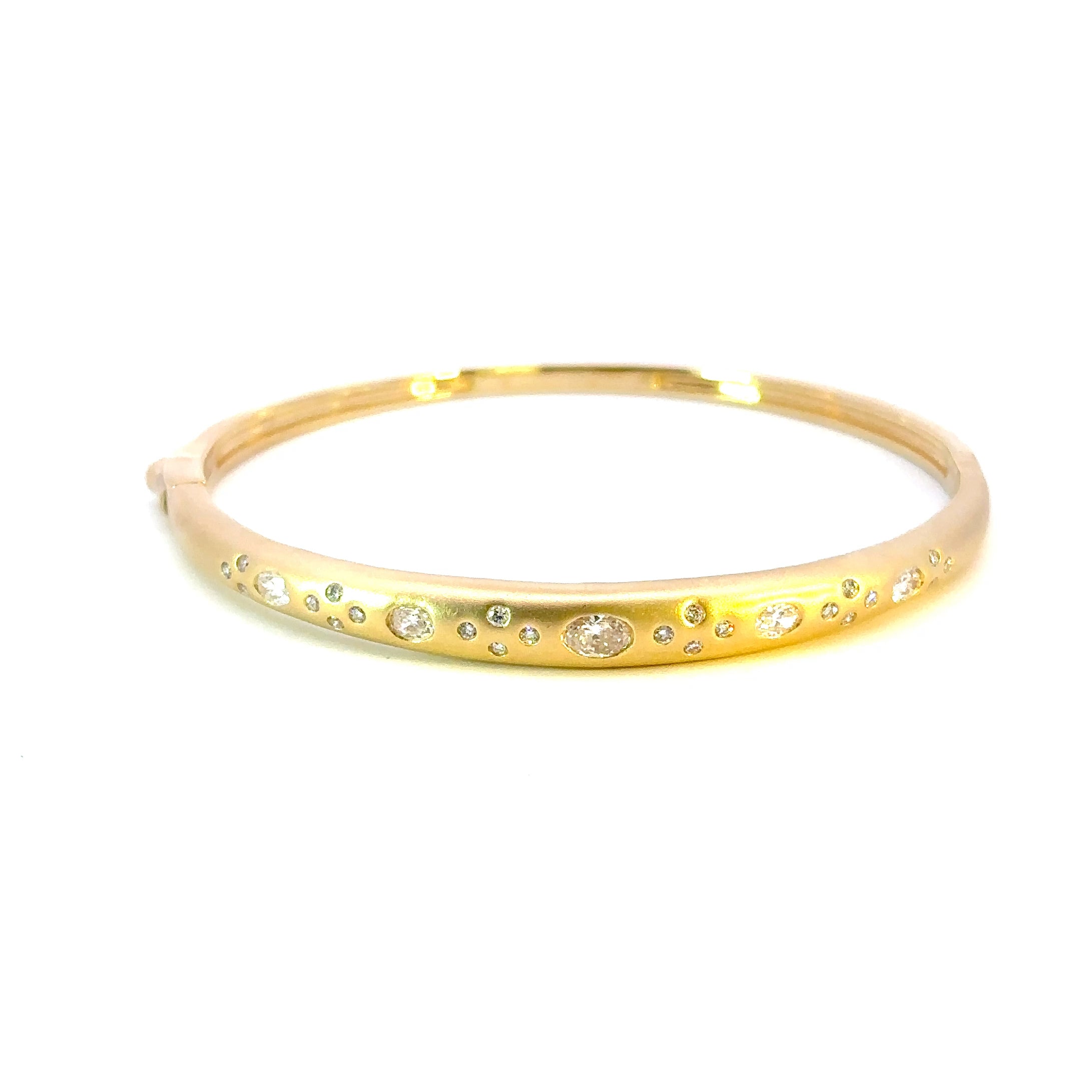 14K Yellow Gold Domed Diamond Bangle Bracelet with Oval and Round Diamonds