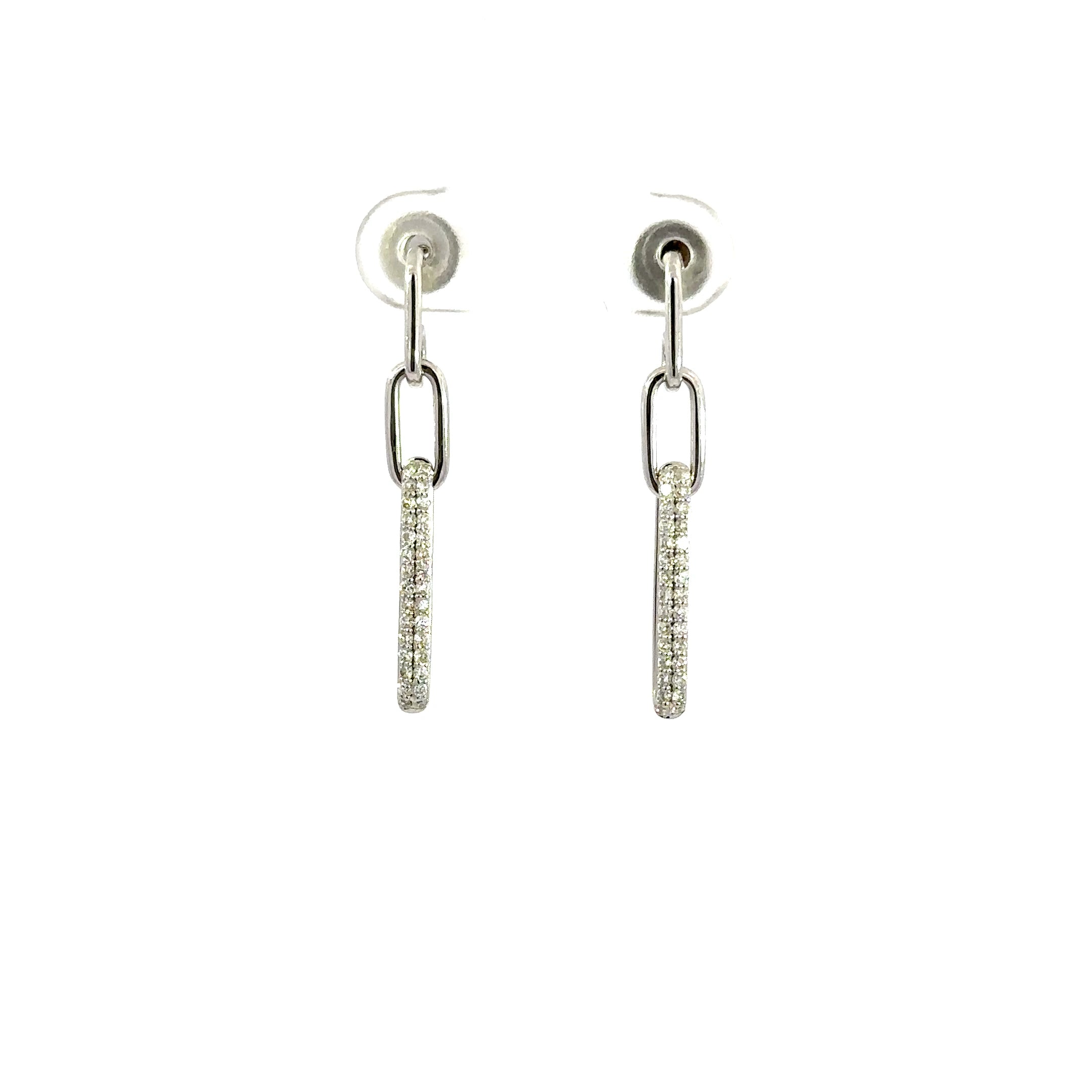 18K White Gold Diamond Paperclip Link Dangle Earrings