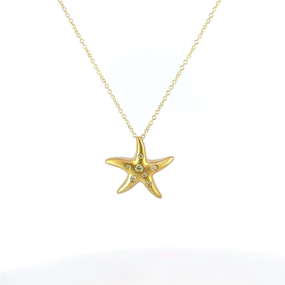 14K Yellow Gold Matte Starfish Diamond Pendant Necklace