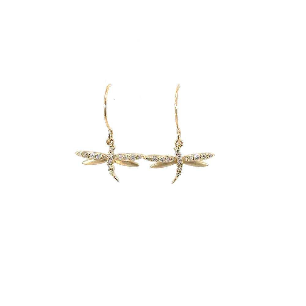 14K Yellow Gold Diamond Dragonfly Wire Earrings Satin Finish