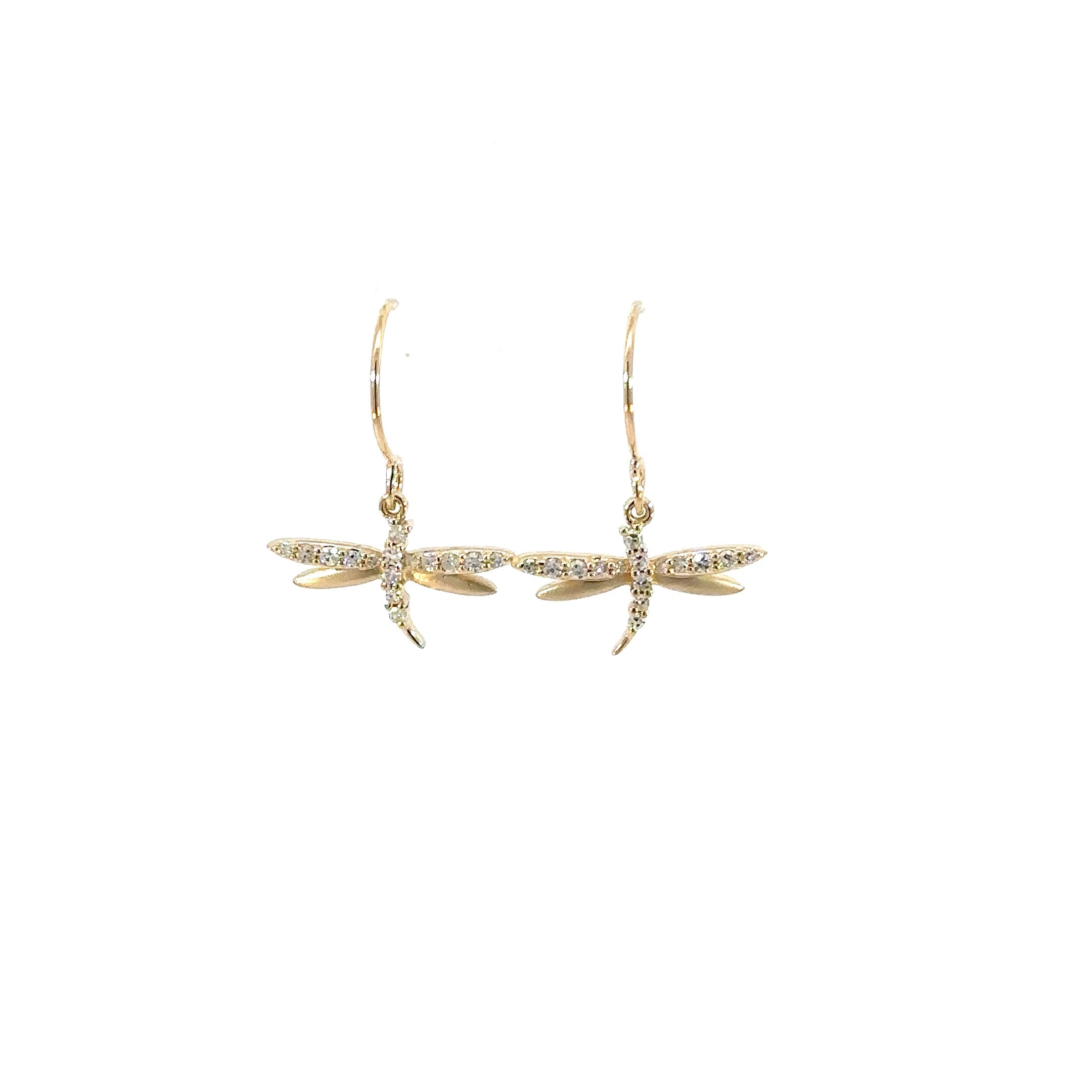 14K Yellow Gold Diamond Dragonfly Wire Earrings Satin Finish