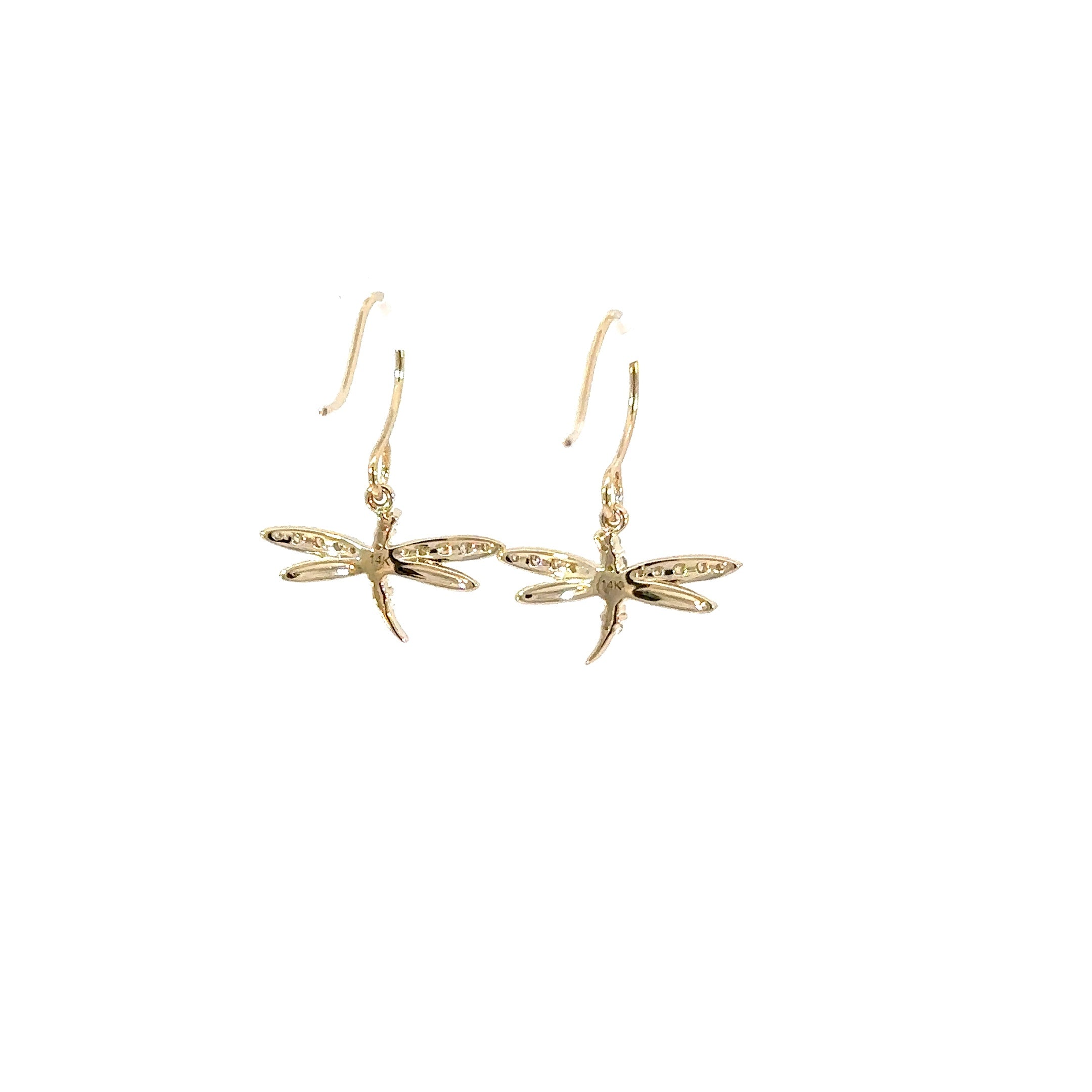 14K Yellow Gold Diamond Dragonfly Wire Earrings Satin Finish