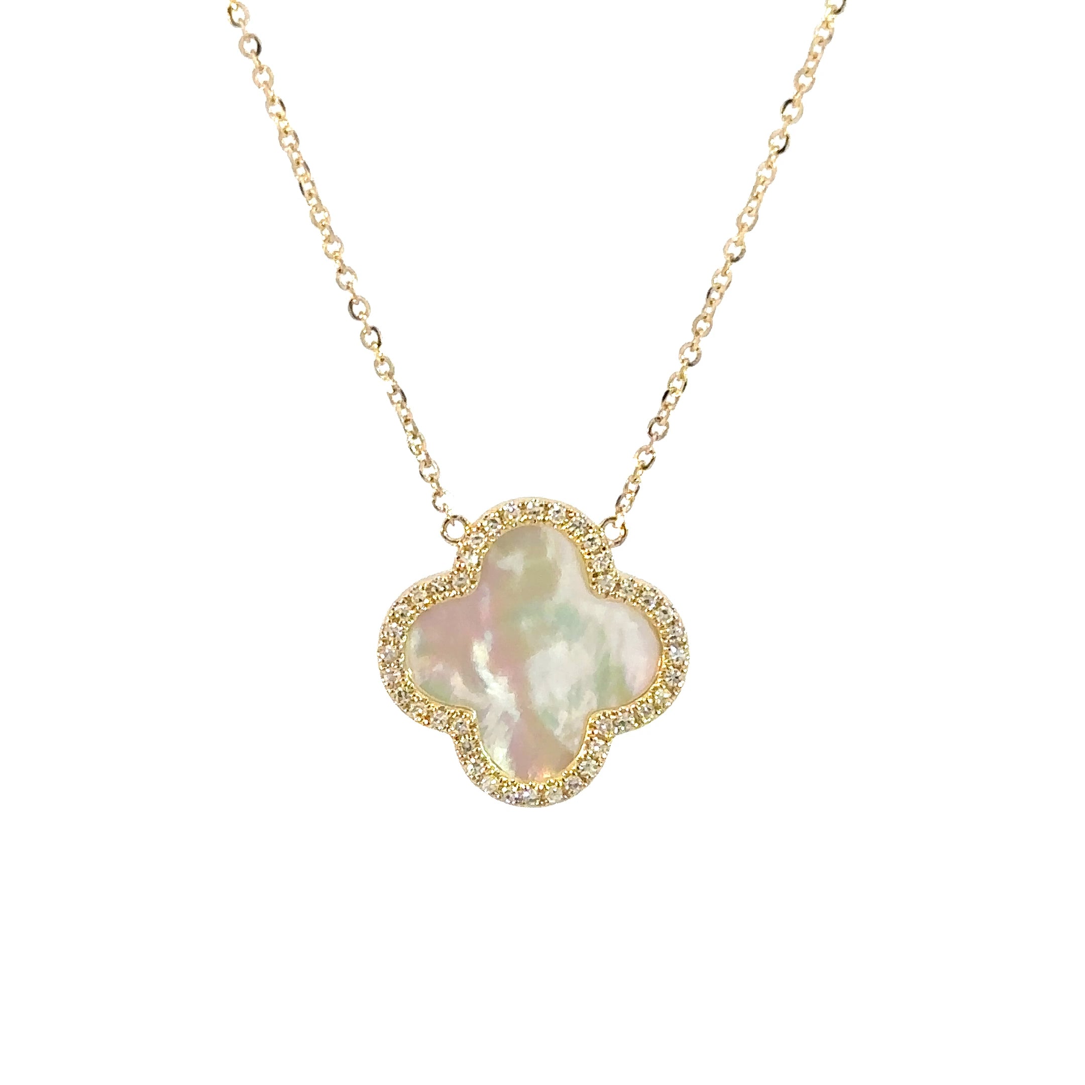 14K Yellow Gold Mother of Pearl Clover Pendant Necklace with Diamond Halo
