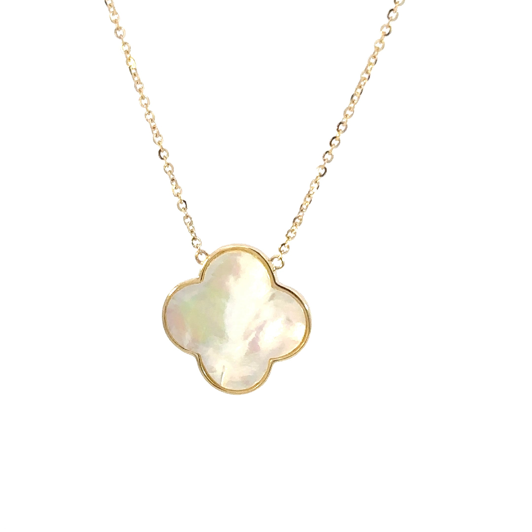 14K Yellow Gold Mother of Pearl Clover Pendant Necklace with Diamond Halo