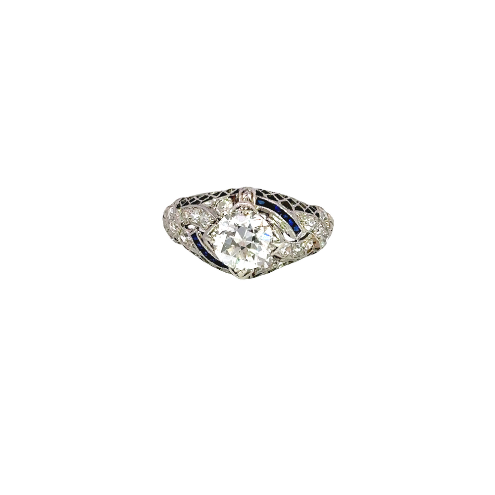 Estate Art Deco Platinum Old Mine Cut Diamond & Sapphire Ring circa 1930s